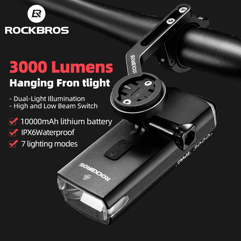 RockBros 3000LM Bike Light With 10000mAh Power Bank Waterproof Front Headlight High Low Beam For MTB And Road Cycling