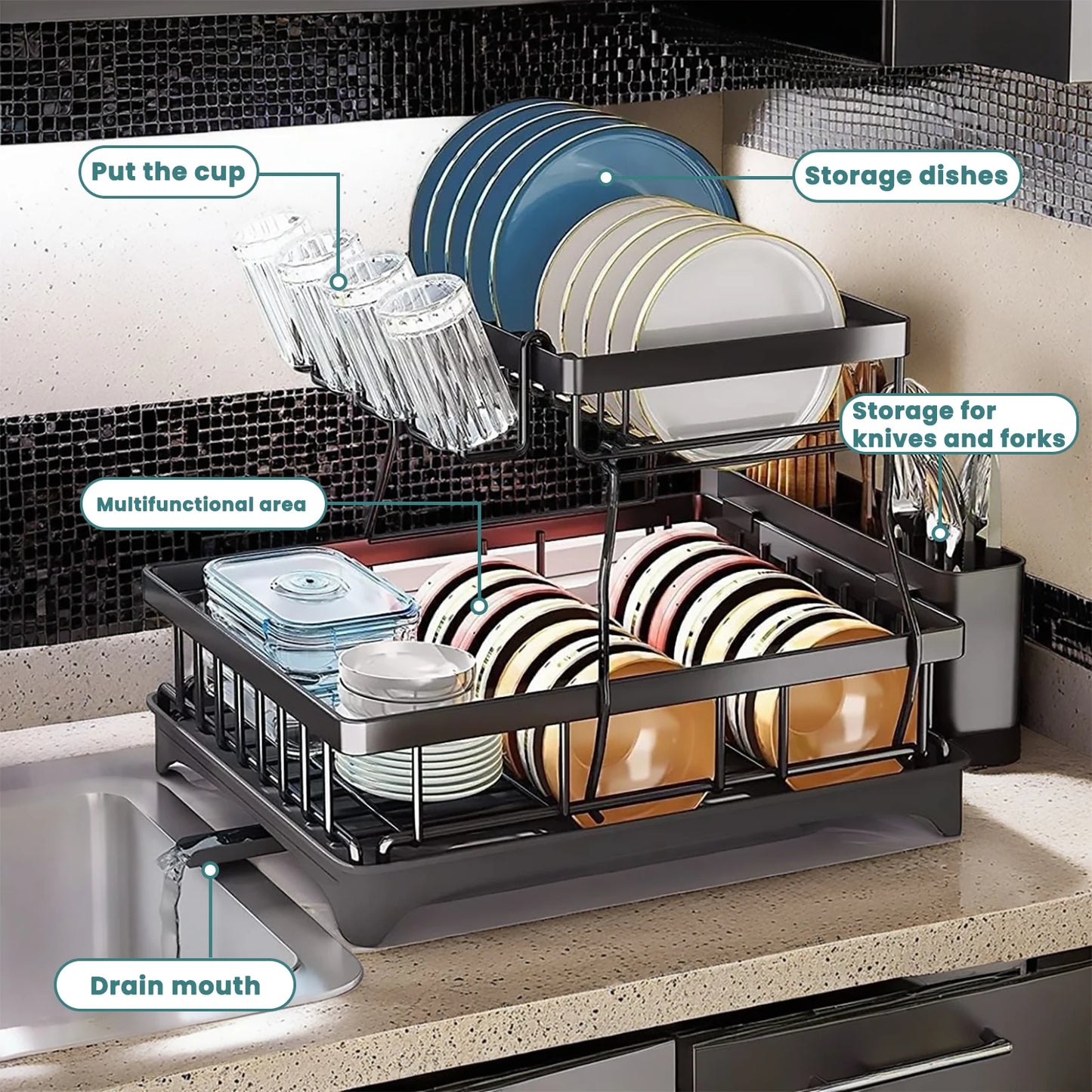 Removable 2-Tier Metal Dish Drying Rack for Kitchen Countertop