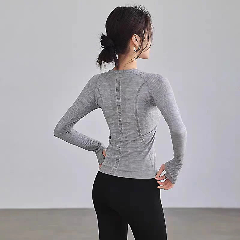 Women Seamless Round Neck Yoga Top Long Sleeve Shirt Winter