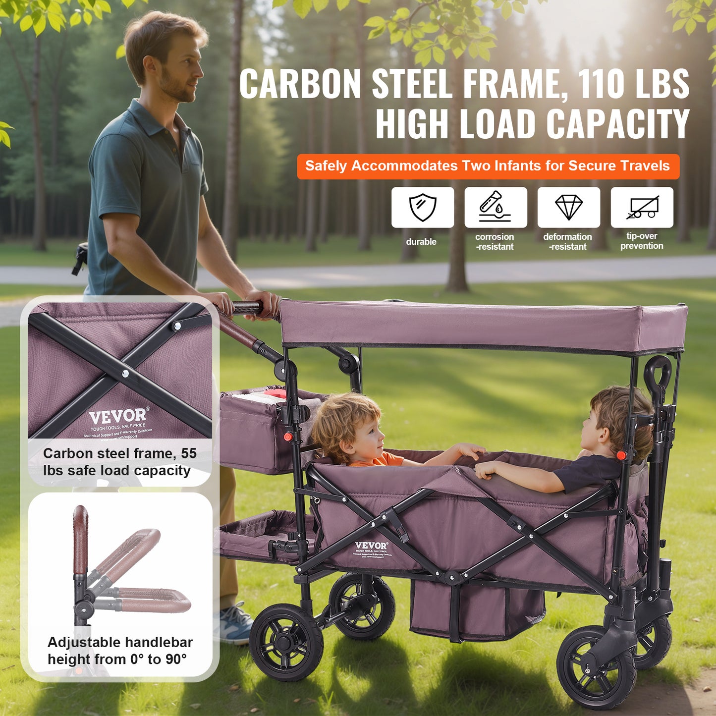 VEVOR Tandem Stroller For 2 Kids Adjustable Handle Canopy