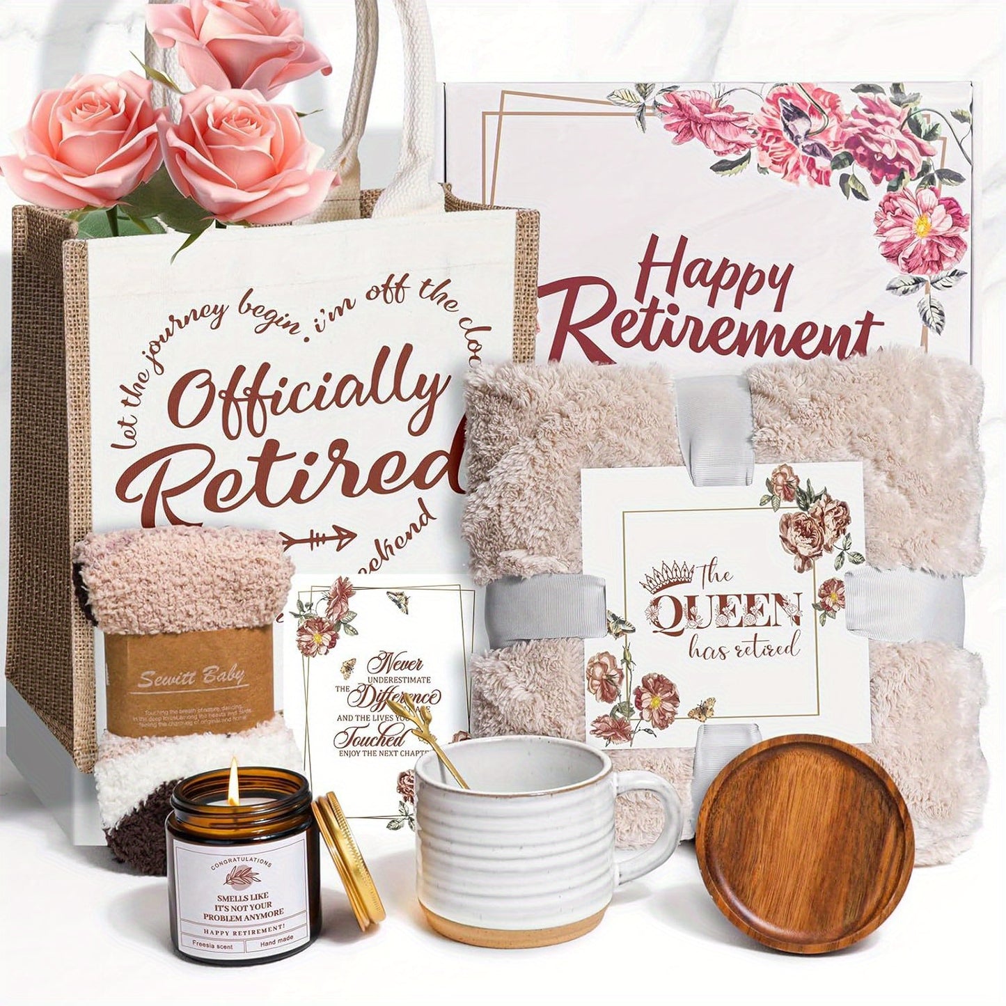 Retirement Gifts for Women, Funny Gift Box Set with Blanket, Mug with Lid and Spoon, Candle, Socks, Tote Bag, Card, Happy Retirement Gift for Coworker, Boss, Friend, Mom, Teacher