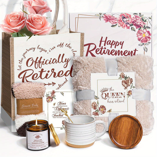 Retirement Gifts for Women, Funny Gift Box Set with Blanket, Mug with Lid and Spoon, Candle, Socks, Tote Bag, Card, Happy Retirement Gift for Coworker, Boss, Friend, Mom, Teacher