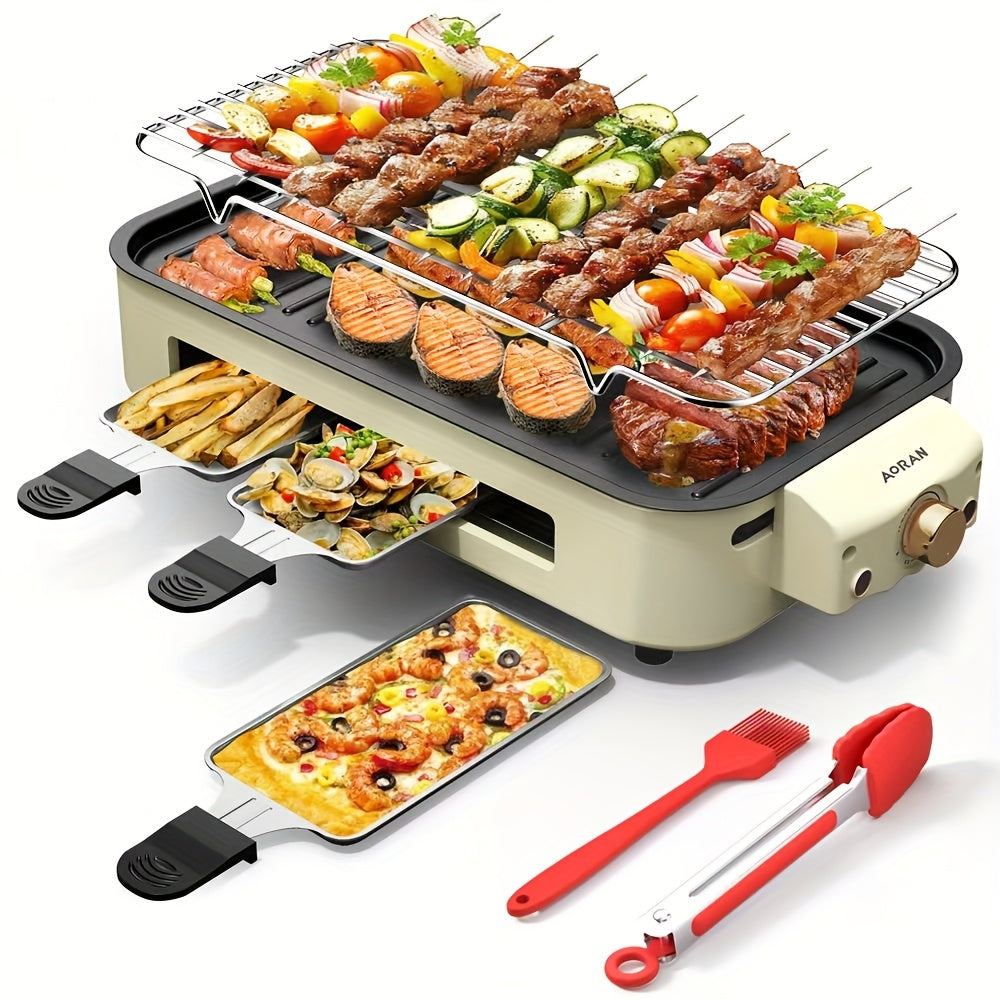 Kitchen Electric Barbecue Grill, Fully Detachable Non-Stick and Easy to Clean, With Frying Pan Grille and Waffle Maker Three Hand Trays, Adjustable Temperature 1500W, Made of Stainless Steel, Gift for Christmas Housewarming B