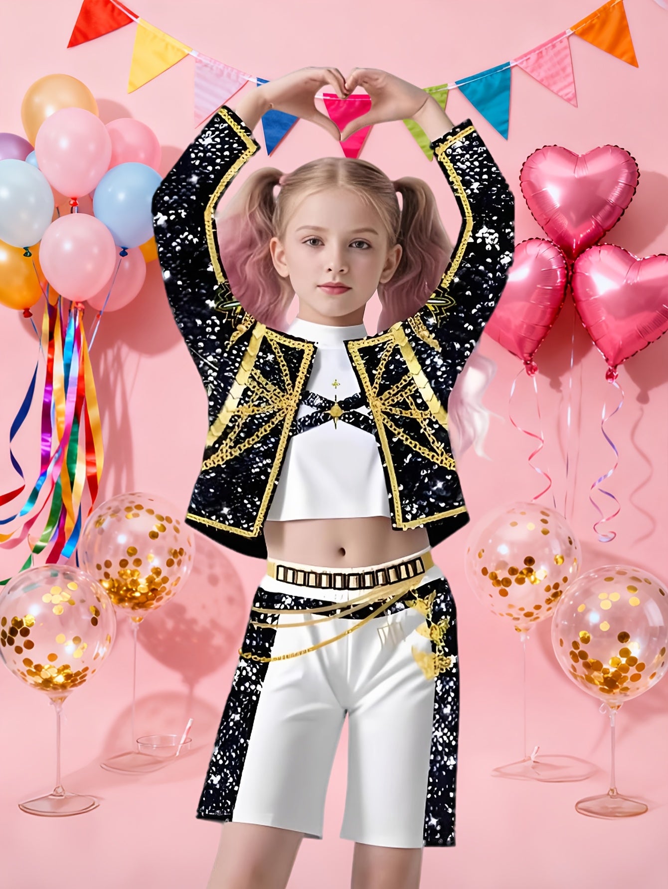 3pcs Set "Pop Singer" Outfit Set, Including Shiny Golden Jacket, Skirt, and Heart Balloon Accessories- Slim-Fit Short Sleeve Set, Suitable for Birthday Performances, Halloween, Christmas Concerts, and Photography, Perfect for