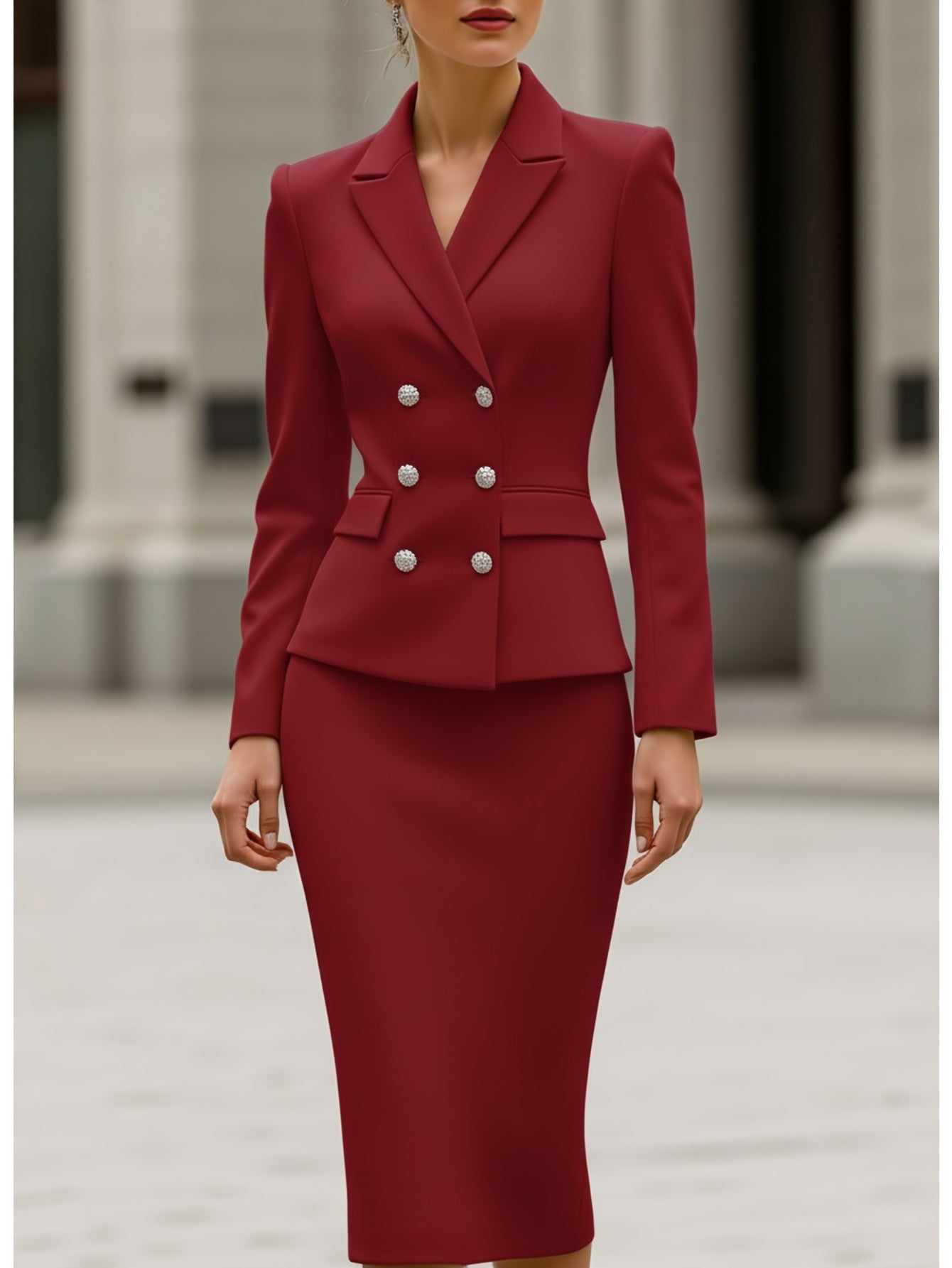 Women's Double-Breasted Blazer + Pencil Skirt Two-Piece Set | Suitable for Office Commuting, Formal Occasions, Creating a Polished Slim-Fitting and High-End Outfit