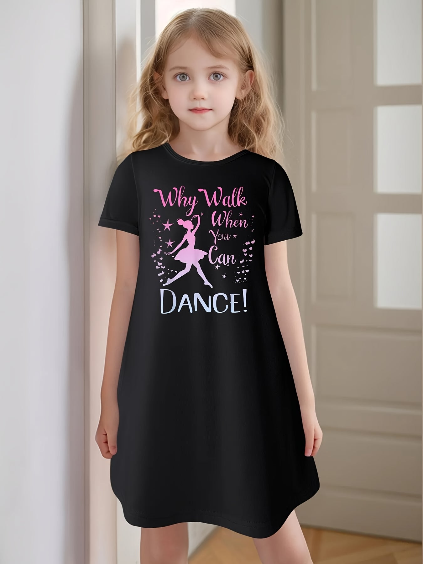 Girls Ballet Dance Recital Outfit - Pink tutu-like dress with "Why Walk When You Can Dance!" Phrase, Stretchy Knit tutu party dress for Ballet Performances, Photo Shoots - Machine Washable Birthday Girl Dance, Ballet Dress, C