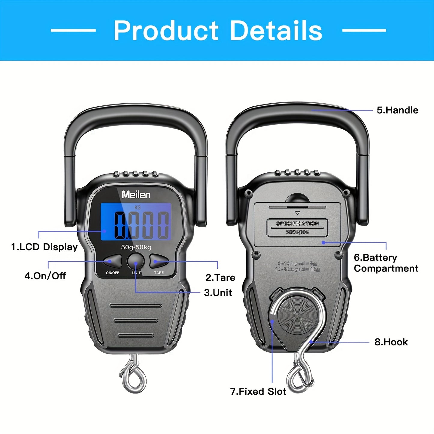 Great Christmas Gifts-Portable Scale 110 Lbs/50kg Hanging Fishing Scale with Backlit LCD Display, Luggage Scale with Hook, Suitable for Outdoor Fishing, Shopping In The Mall, And Travel Luggage.