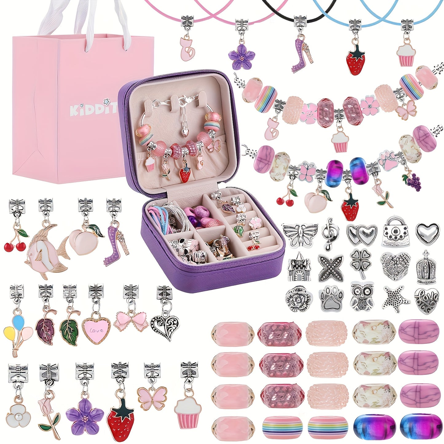 68 Piece Purple Bracelet Making Kit With Beads Heart Pendants Cupcakes Butterflies Star Buckles Elastic Ropes