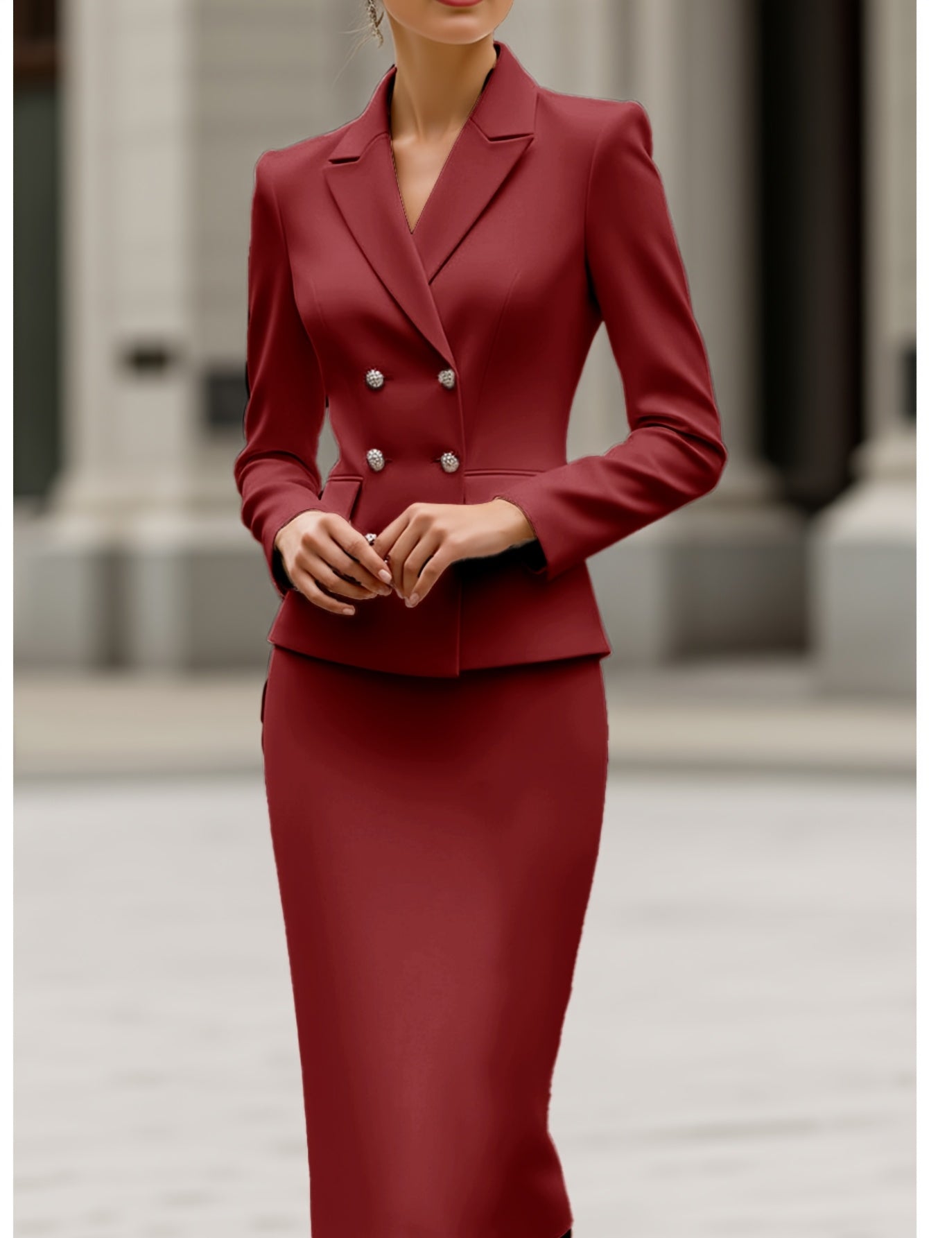 Women's Double-Breasted Blazer + Pencil Skirt Two-Piece Set | Suitable for Office Commuting, Formal Occasions, Creating a Polished Slim-Fitting and High-End Outfit