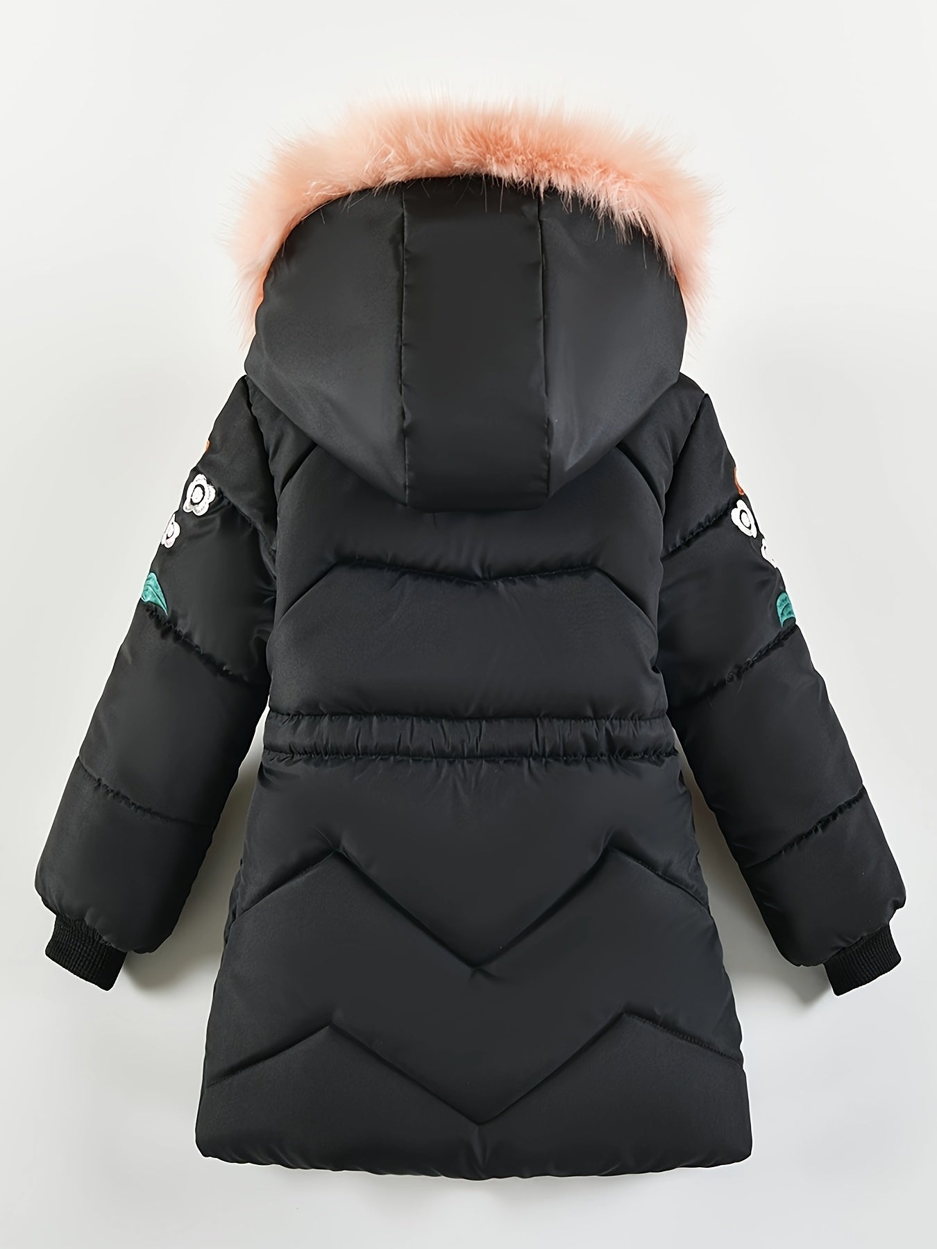 [Pink Winter Parka] Winter Pink Girls' Parka | Thickened Warm Jacket with Faux Fur Hood, Zip-Up Outerwear, Polyester, Machine Washable, 3-7Y, Cozy Youngsters Outerwear, Floral Winter Coat, Plush Lined Comfort
