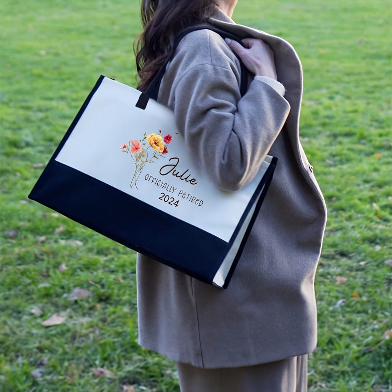 1pc Personalized Retirement Tote Bag - Custom Name & Date Floral Design Durable Polyester Beach Bag, Hand Washable Gift for Grandma, Retired Women, Retirement Party