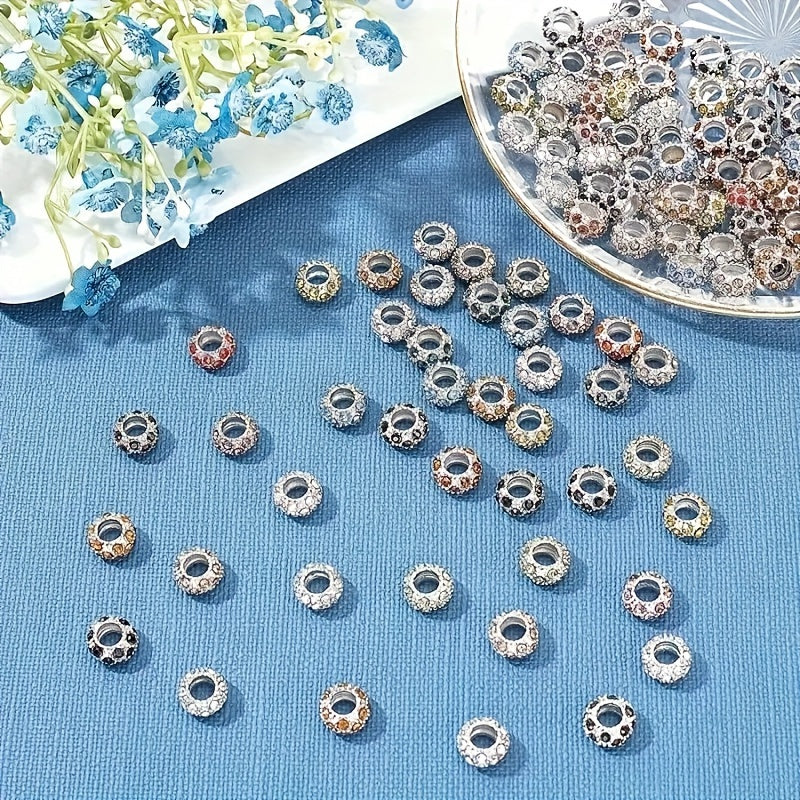 80 Pcs Alloy Space Beads with Sparkling Crystals in White and Gold 11x6mm Large Hole for DIY Jewelry Making