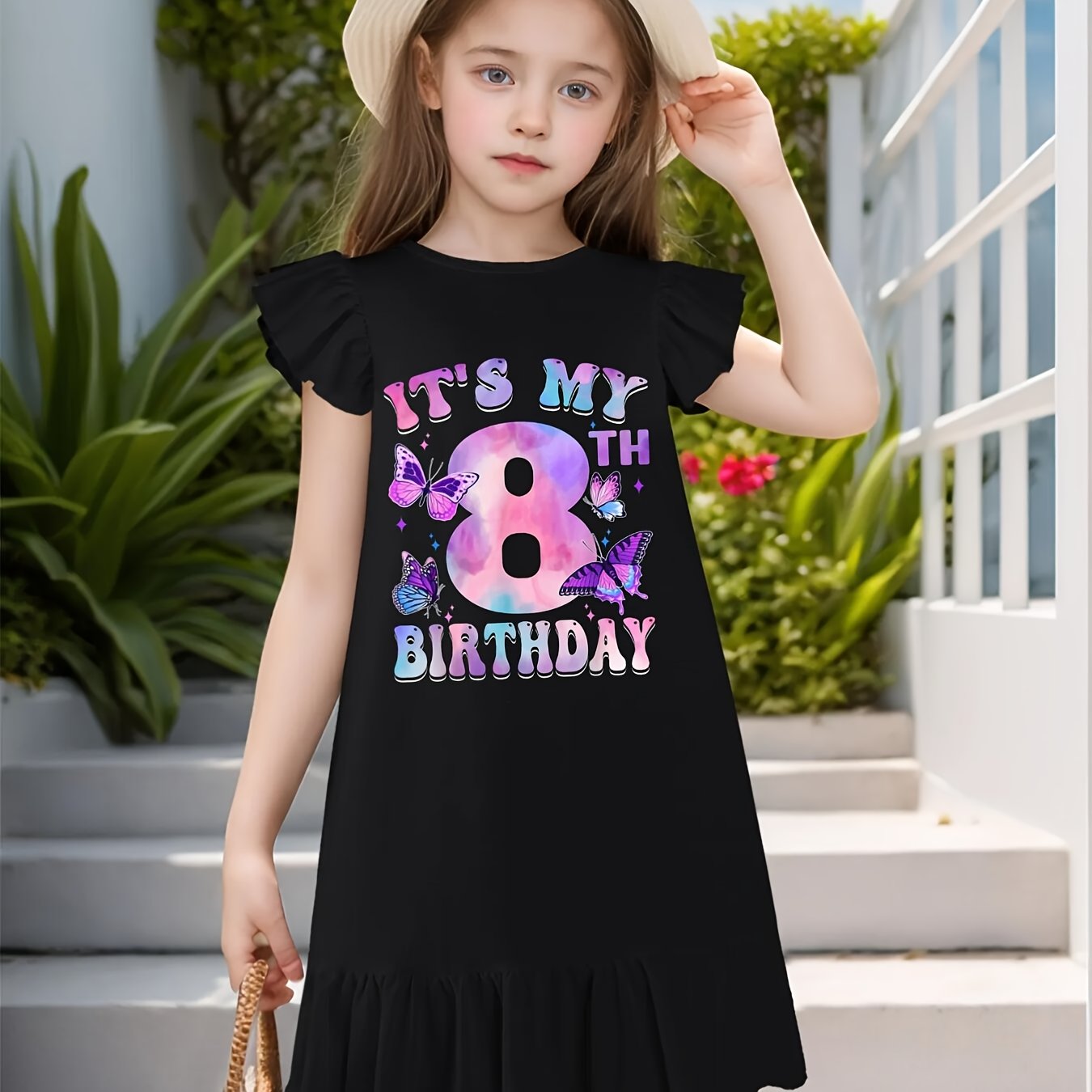 It's My 8th Birthday Butterfly Theme 8 Year Old Party Girl Dress with Flutter Sleeves - Sleeveless Dress for Girl Kid