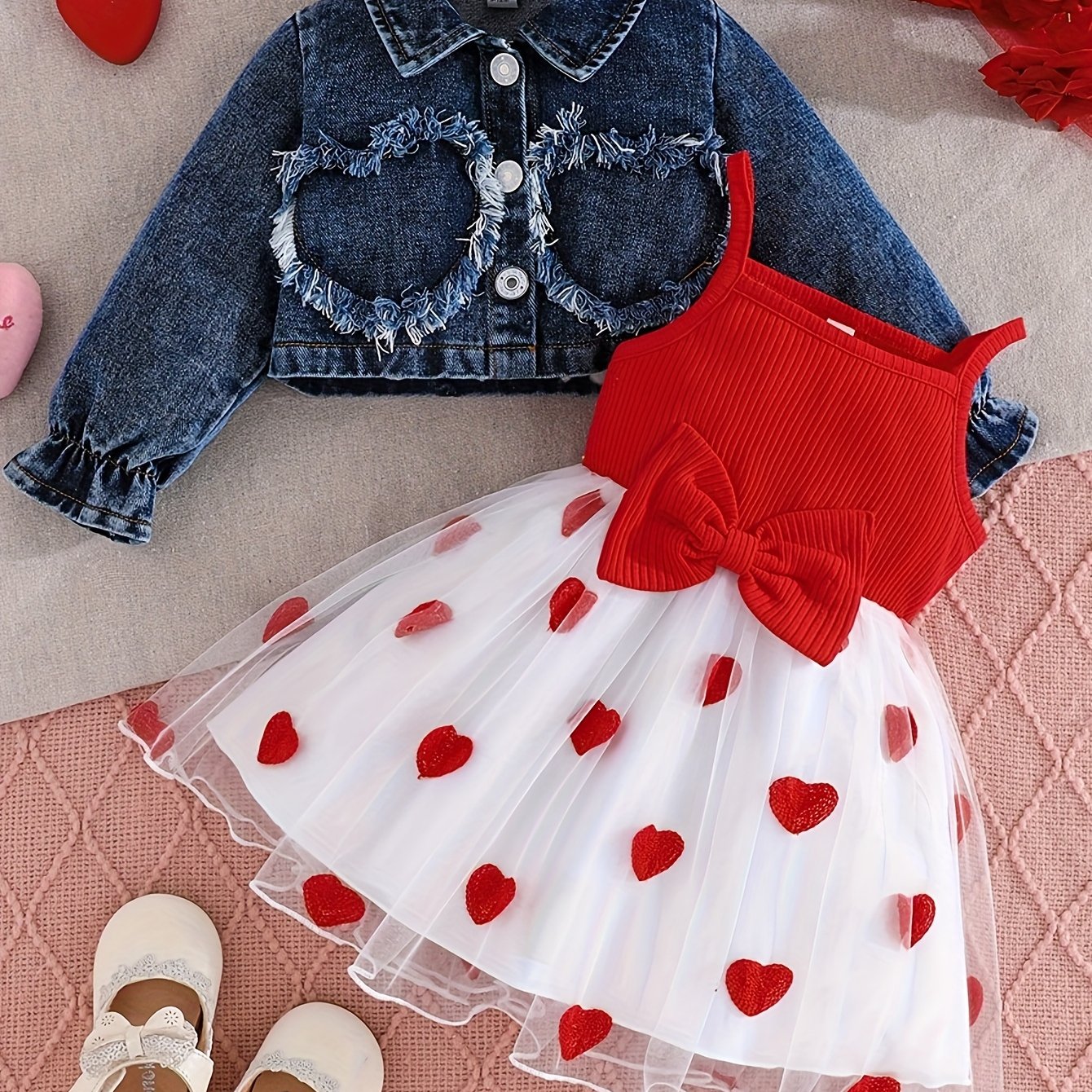 2pcs Toddler Girl Outfit | Stylish Blue Denim Jacket & Adorable Bow Skirt Set | Cozy Jacket with Button Front, Soft Flowy Skirt for Fall Birthday Party, Photoshoot, Casual Wear - Machine Washable Toddler Ensemble, Perfect for