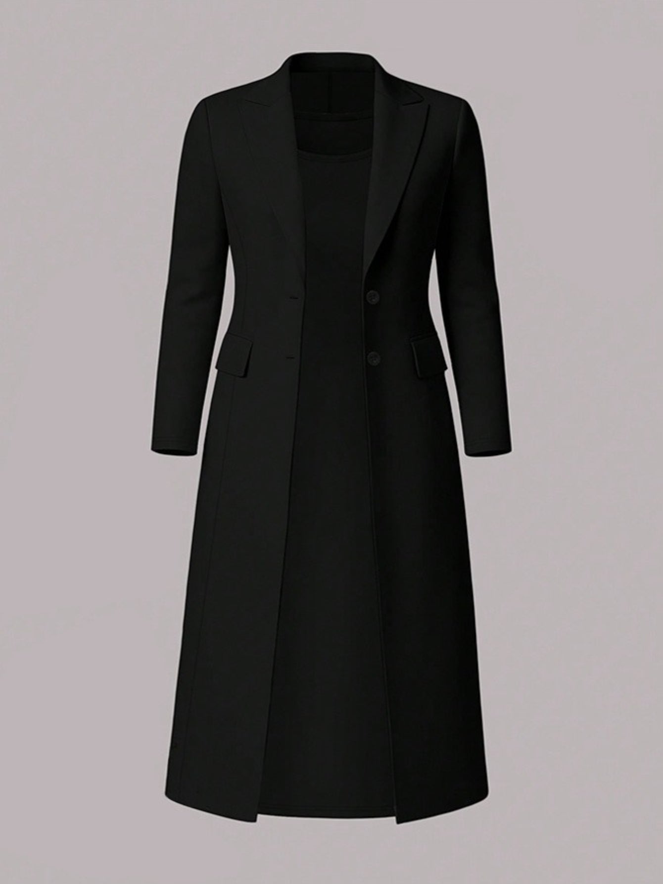 Black Long Blazer And Sleeveless Pencil Skirt Two Piece Set For Elegant Banquet Style Evening Dinners And Business Events