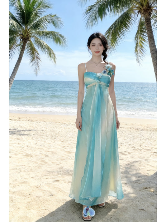 Dopamine Stunning Design Seaside Vacation Style Camisole Dress for Women | Summer Waist-Tightening Fairy Long Dress, Elegant Off the Shoulder, Solid Color, Perfect for Adult