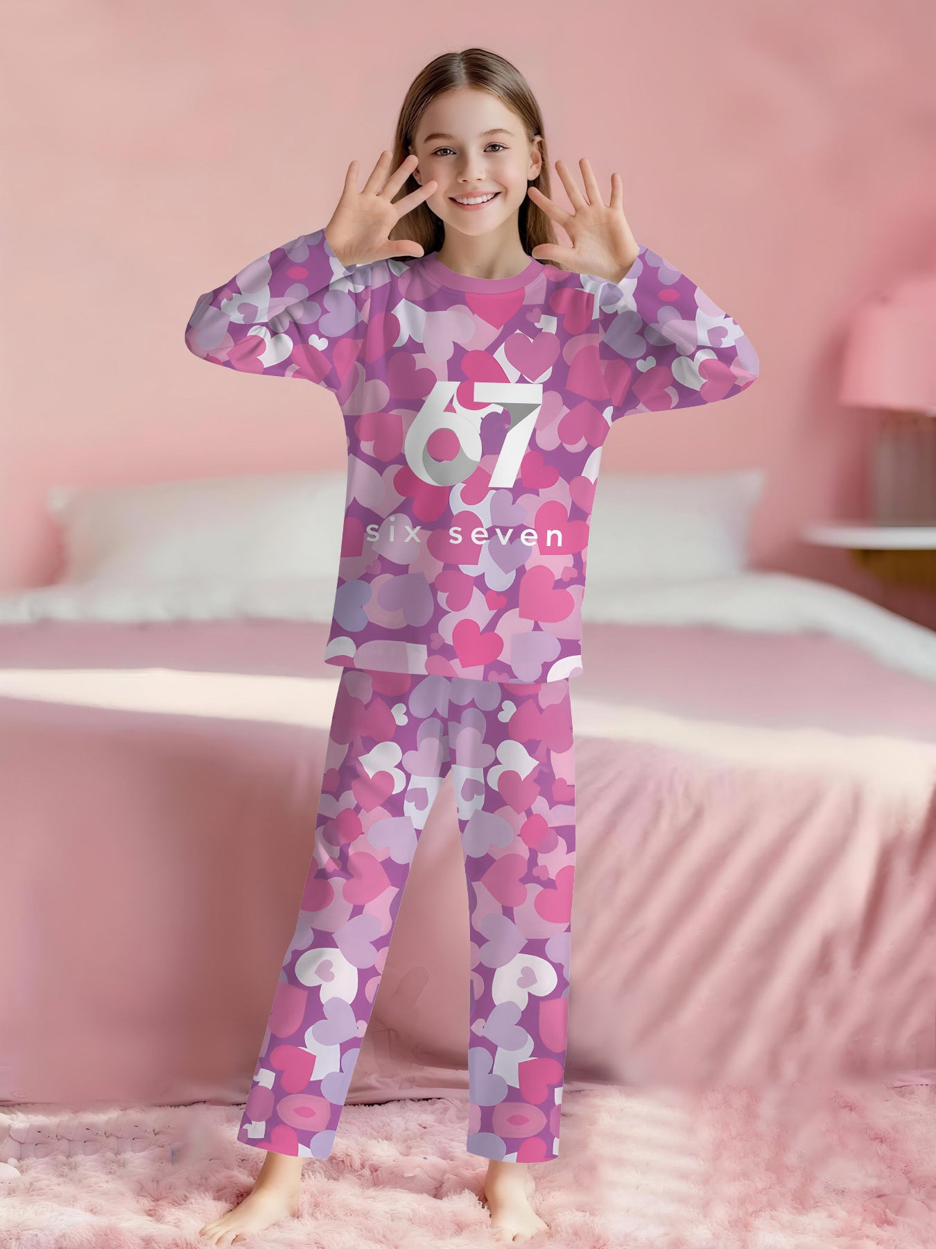 Heart Number 67 Print Pajama Sets | Soft Ventilated, Cute Girls Home Wear with Crew Neck and Slight Stretch Fabric