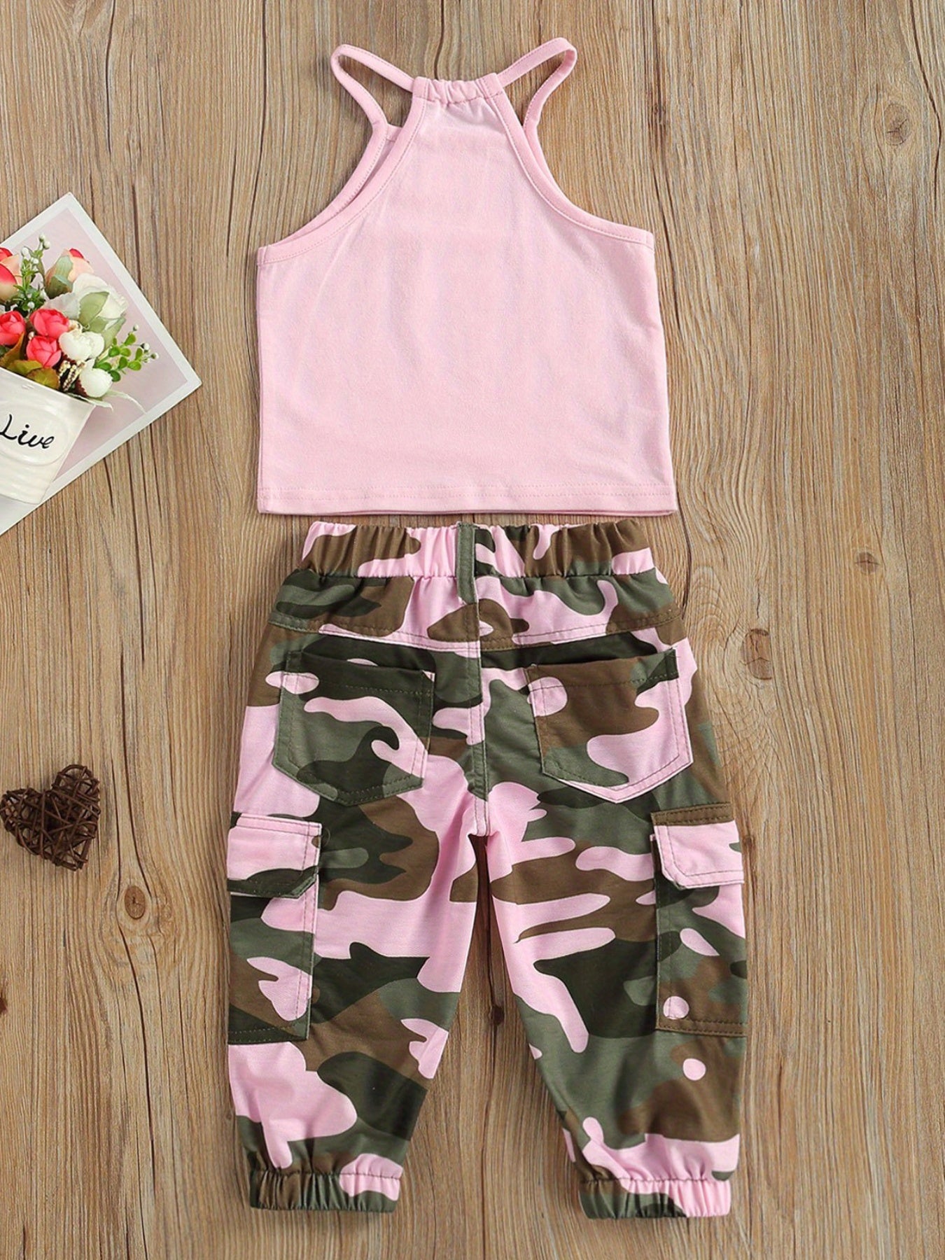 Girls 2pcs Clothes Set, Sleeveless Letter Printed High Neck Halter Tops with Camouflage Printed Long Pants