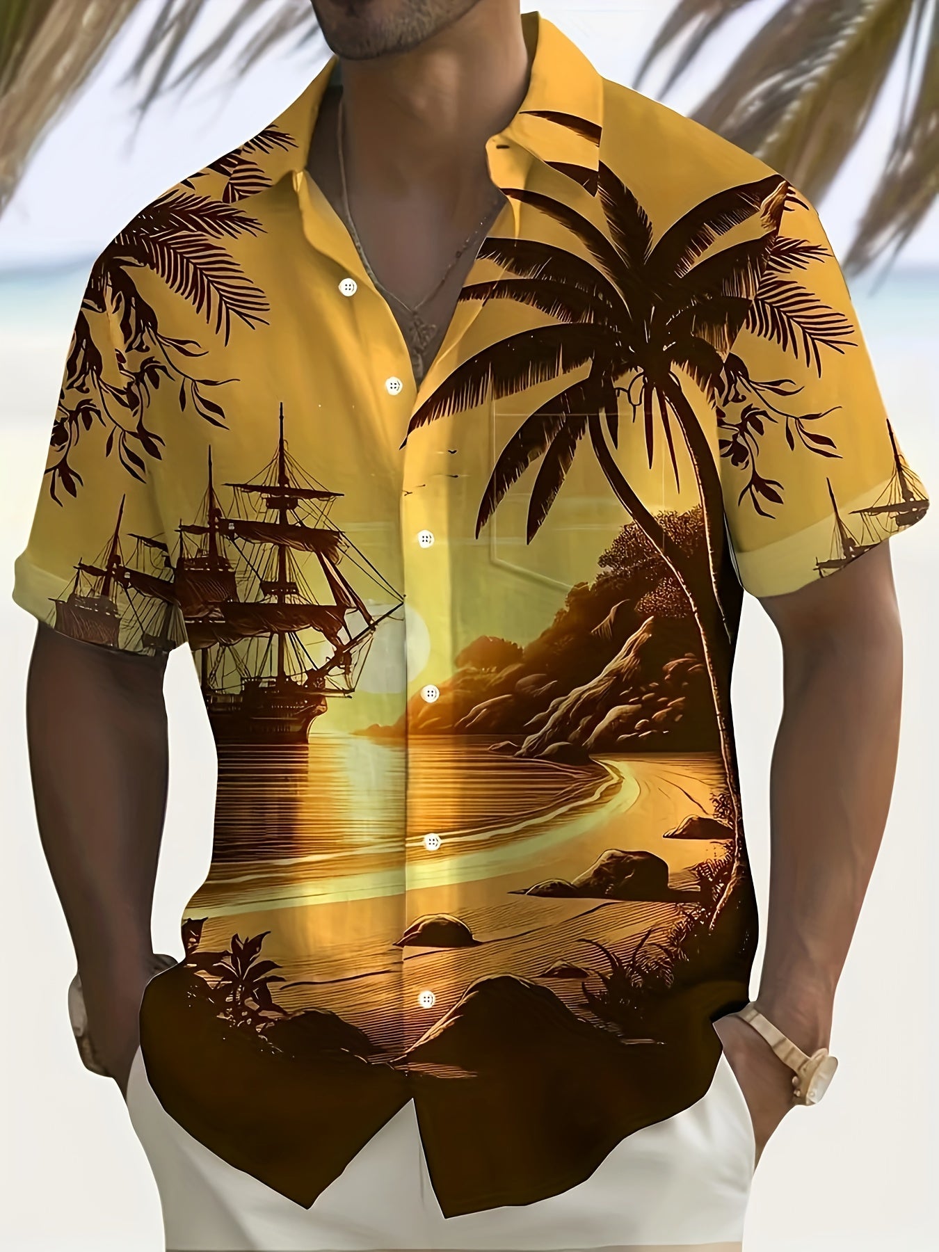 Men'S 3D Printed Tropical Sunset Sailboat & Hawaiian Beach Scene Short Sleeve Shirt - Vibrant Palm Tree & Ocean Print, Breathable, Chest Pocket, Casual Button-Front Closure, All-Season Comfort, Ideal for Summer Vacation & Bea