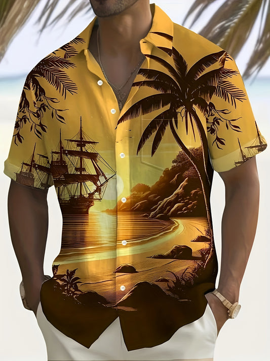 Men'S 3D Printed Tropical Sunset Sailboat & Hawaiian Beach Scene Short Sleeve Shirt - Vibrant Palm Tree & Ocean Print, Breathable, Chest Pocket, Casual Button-Front Closure, All-Season Comfort, Ideal for Summer Vacation & Bea