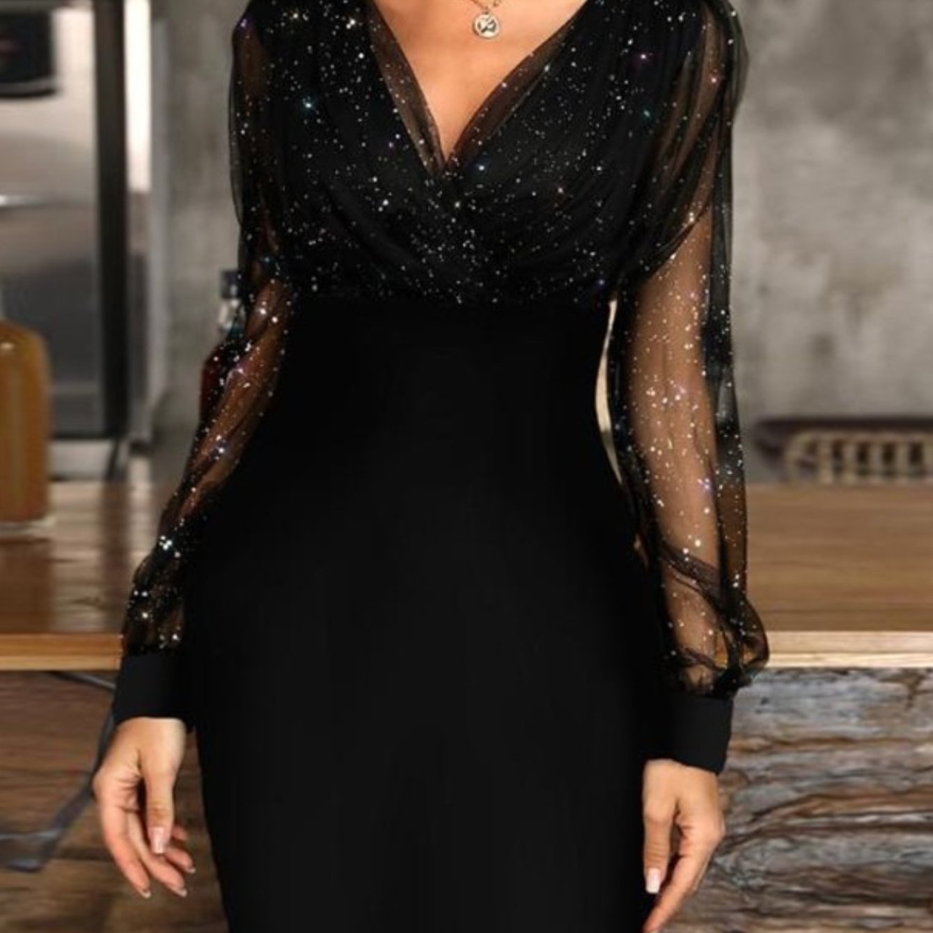 HERTALK Mesh V-Neck Sequin Dress, Slim-Fit And Sexy