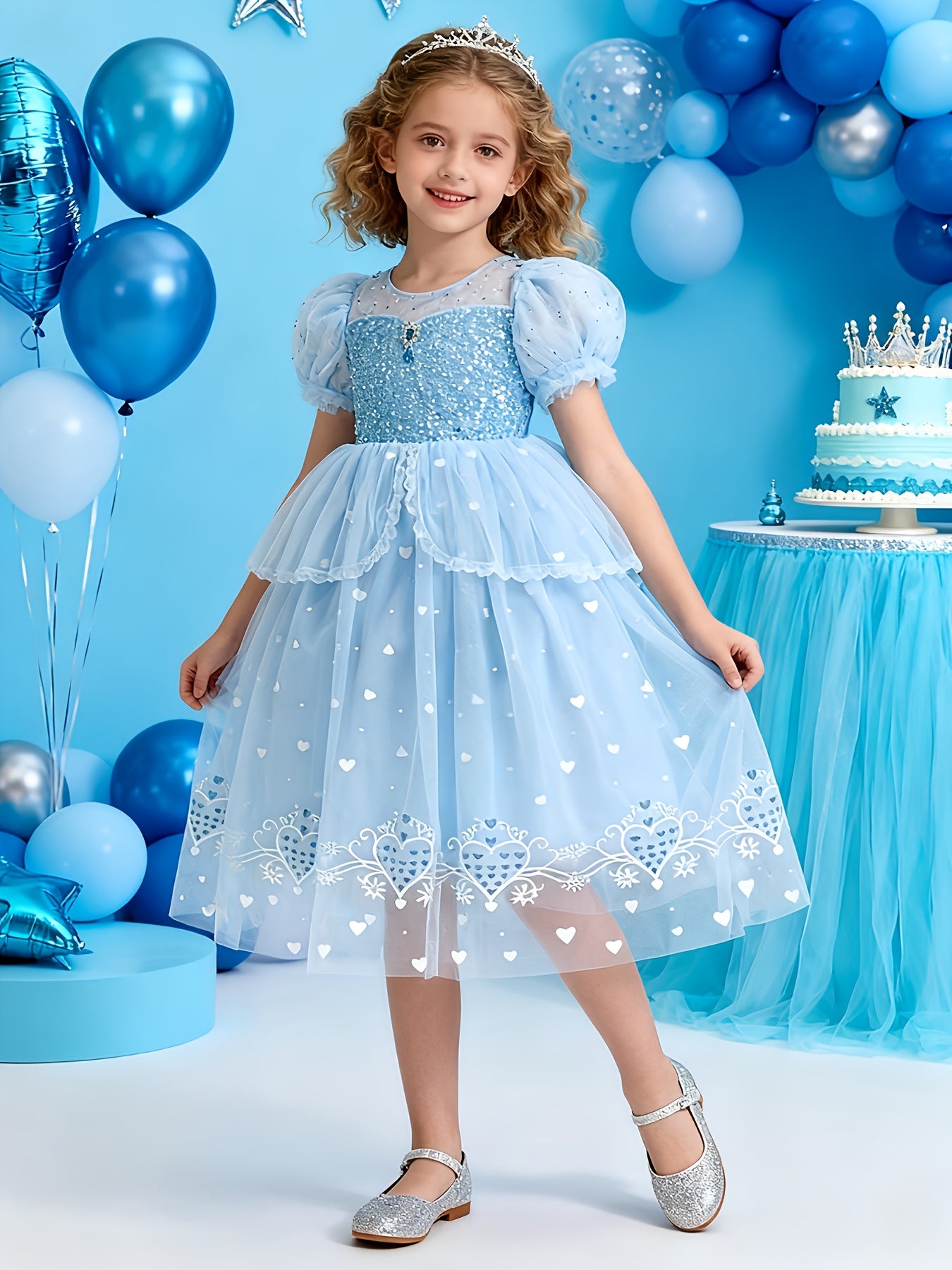 Woodland Ice Blue Kids' Princess Dress | Sequin Puff Sleeves, Heart Embroidery Tulle Puff Skirt, Elegant Non-Stretch Fabric, Perfect for Spring/Summer/Fall, Includes Cape for Birthday Catwalk & Party Gatherings