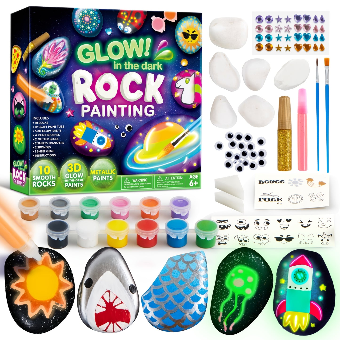 Glow in The Dark Rock Painting Kit | Craft Toys for Kids, Arts And Crafts for Ages 6+, Creative Paint Kits, Christmas And Birthday Gift for Boys And Girls, Mixed Color, Natural Stone Material by JOYFY