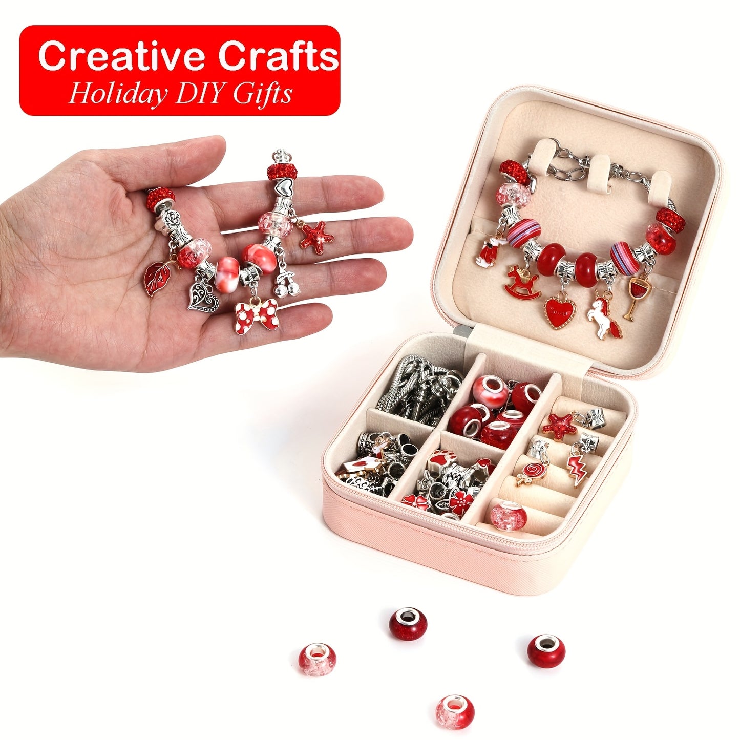 68 Pieces Red Beads And Bracelet Making Kit With Unicorn Love Theme DIY Jewelry Craft Portable Storage Box Gift