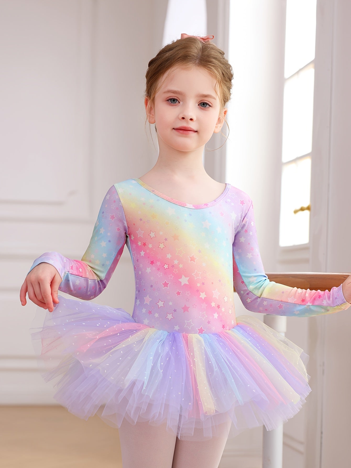 Christmas Gift Girls' Outfit - Long Sleeve Star Rainbow Butterfly Print One-Piece Tulle Puffy Dress, Non-Detachable Fall Ballet Gymnastics Leotard For Daily Wear, Birthday Party, Dance Performance, Outdoor Sports