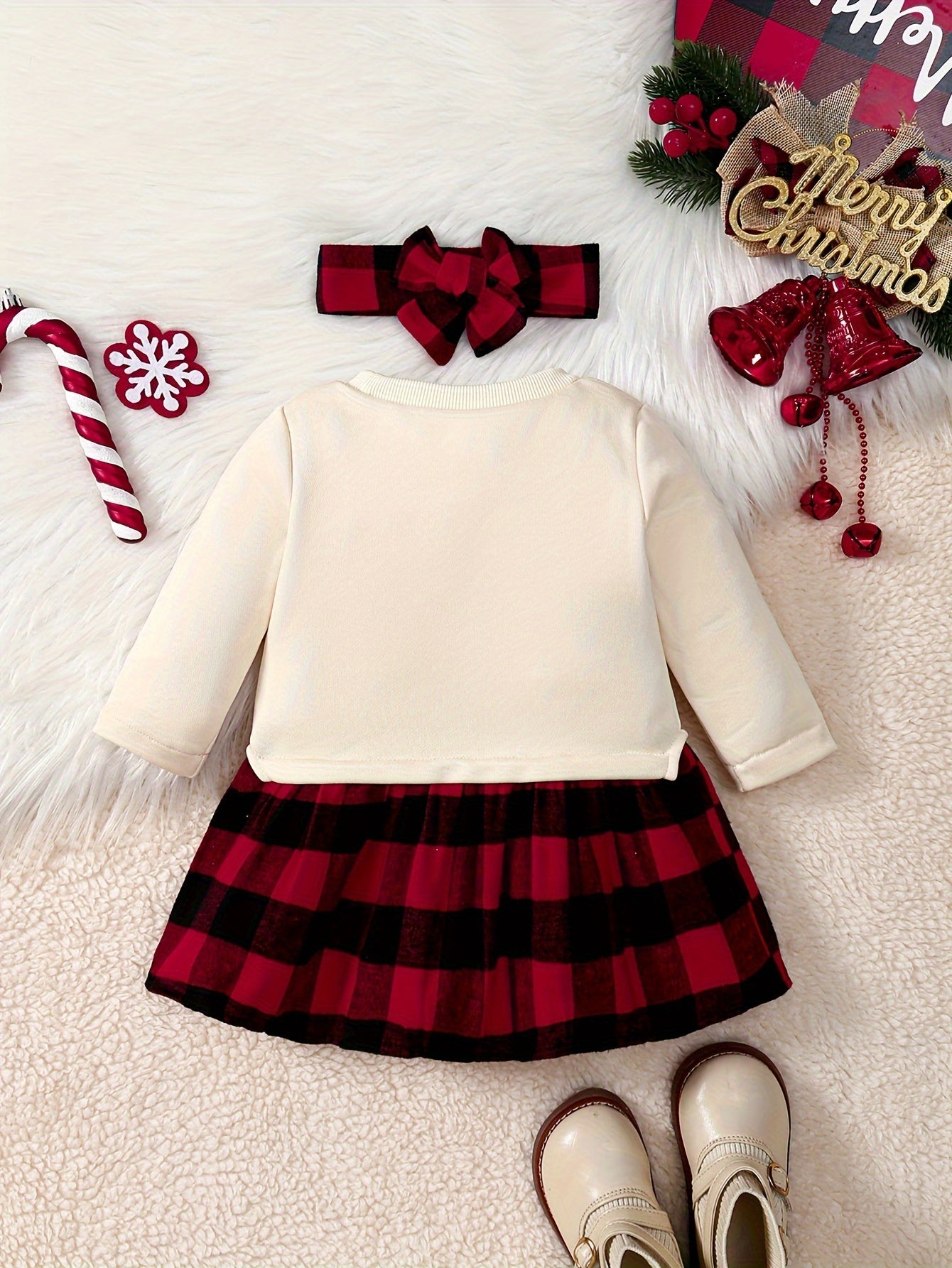 Baby Girl Christmas Dress With Reindeer And Plaid Skirt