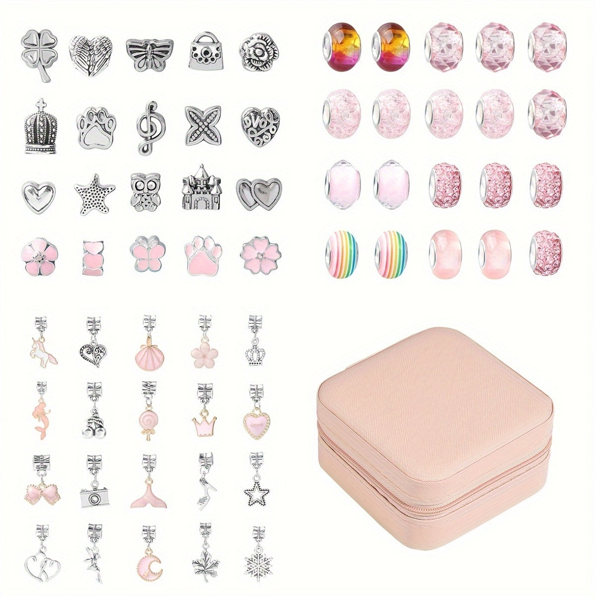 66 Piece Charm Bracelet Making Set Pink Jewelry Kit With Synthetic Beads Zinc Alloy Pendants And Accessories Plating