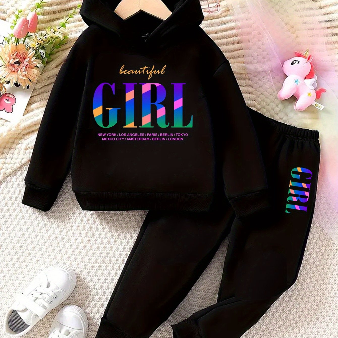 Toddler Girl Love Bear Print Hoodie Set, Autumn/ Winter, for Outdoor