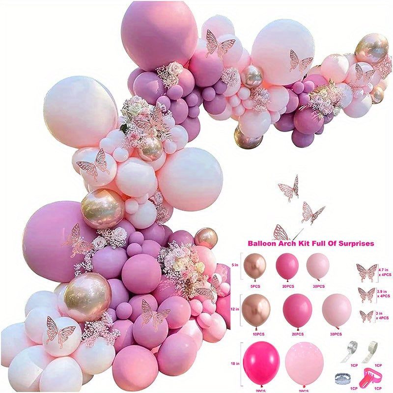 137 Piece Butterfly Series Purple Birthday Balloon Garland Set With Golden White Balloons And Happy Birthday Sign