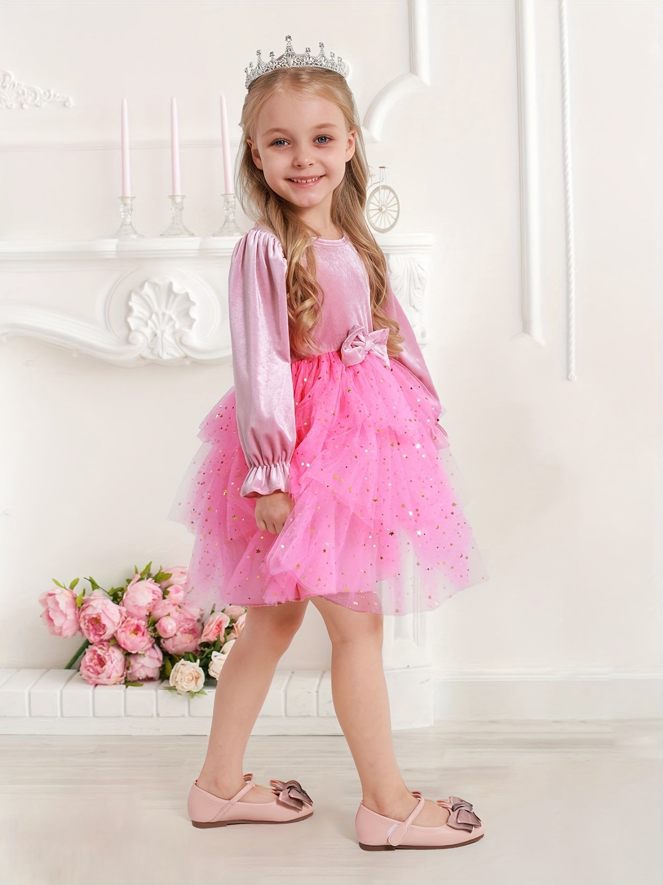 2-7Y Girls Sparkling Sequin & Tulle Tutu Princess Party Dress with Ruffled Sleeves & Layered Skirt - A-Line Knee-Length Winter Dress for Christmas, Birthday, Wedding, Halloween - Shimmering Holiday Outfit with Belt (No Paddin