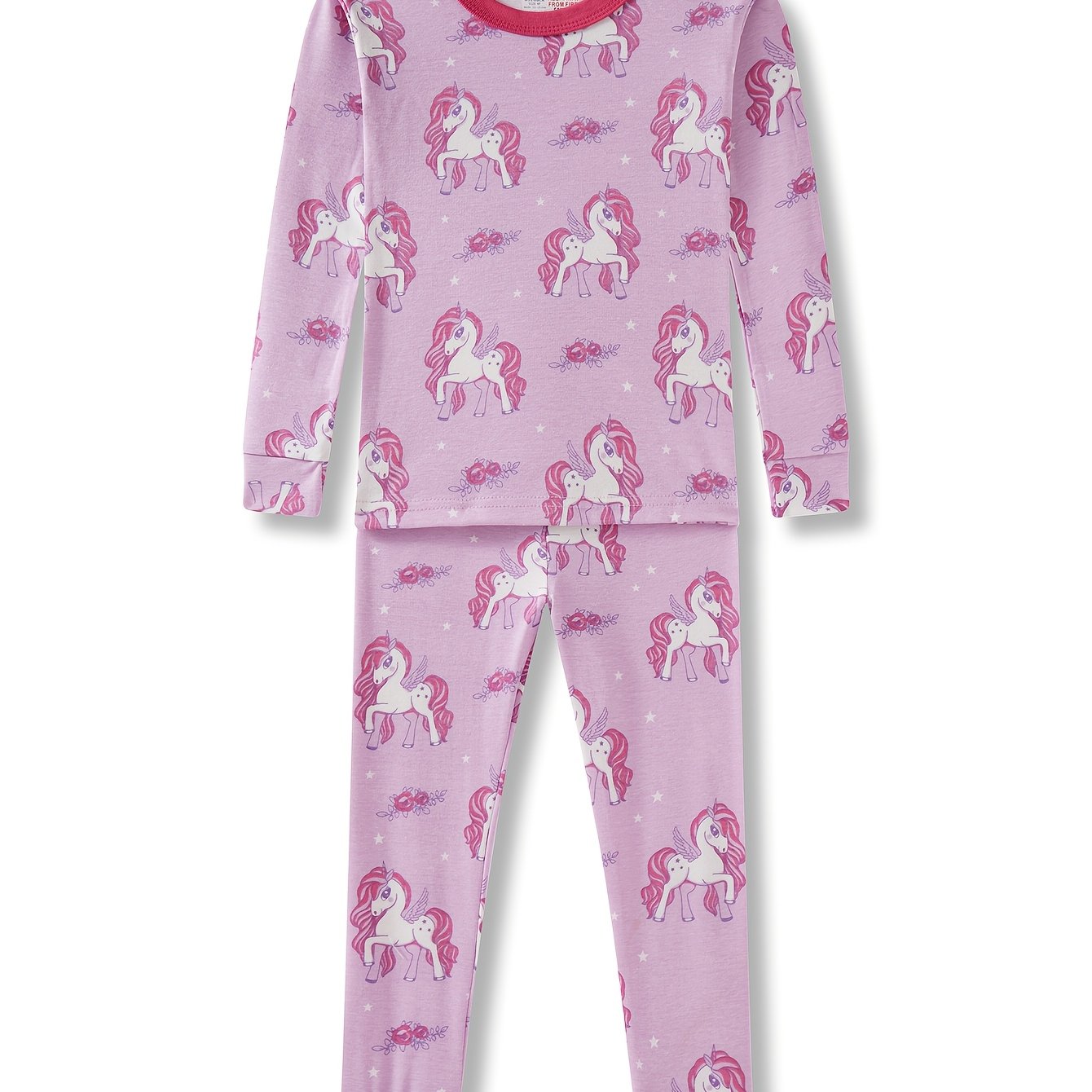 Youngsters'S Long-Sleeved Long-Pants Pajamas for Girls Aged 2-8 Years Old, Youngsters'S Tight-Fitting Pajamas, Air-Conditioned Clothes, Spring, Summer And Autumn New Light Purple Cute Cartoon Pony Unicorn Random Print Pattern