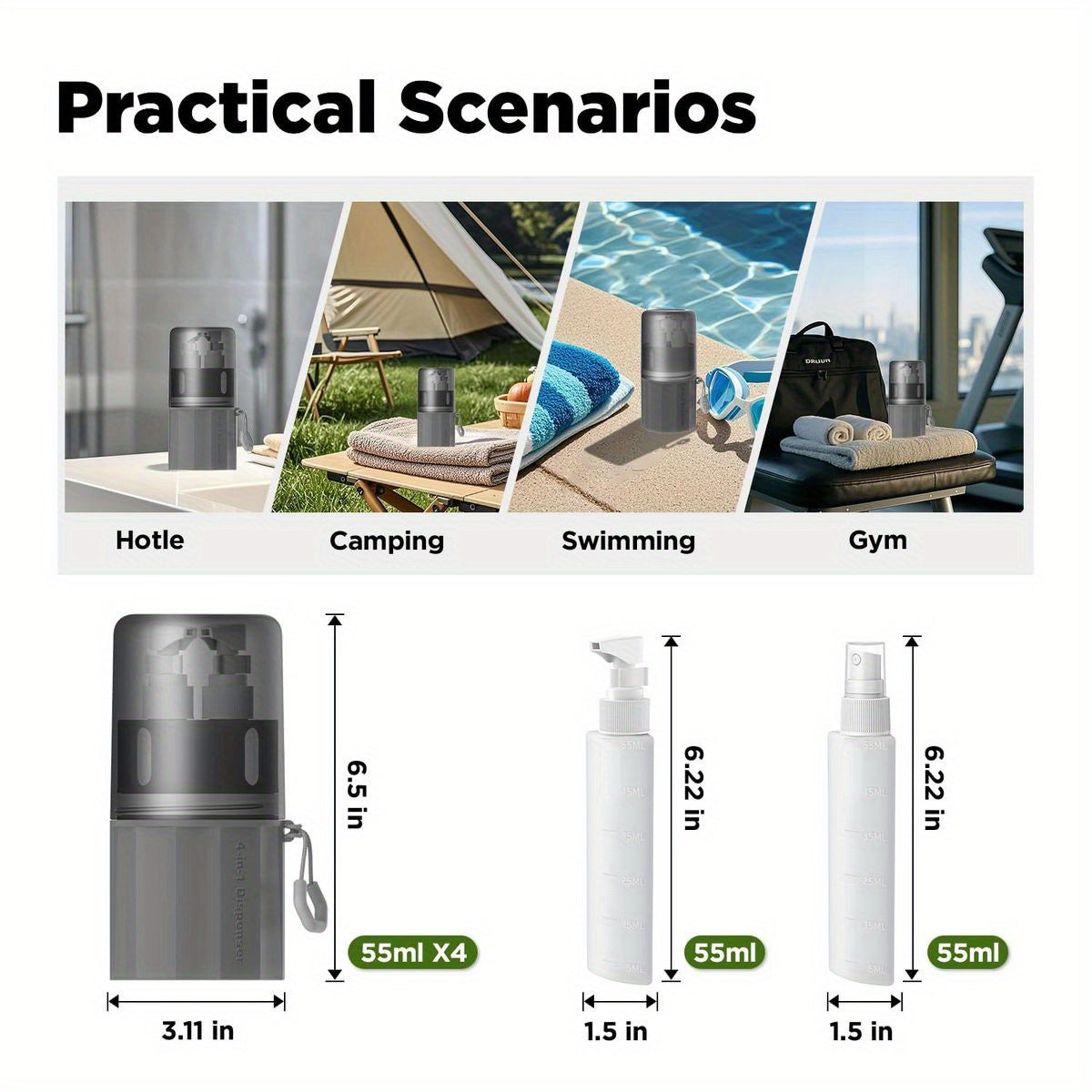 YOTIME 4in1 Travel Bottles Set, Vacuum Suction Cup for Smooth Walls, TSA Approved Leak Proof Travel Size Containers for Toiletries, Shampoo, Body Wash and Conditioner, Gray, Travel Toiletry Containers, Toiletry Organization,