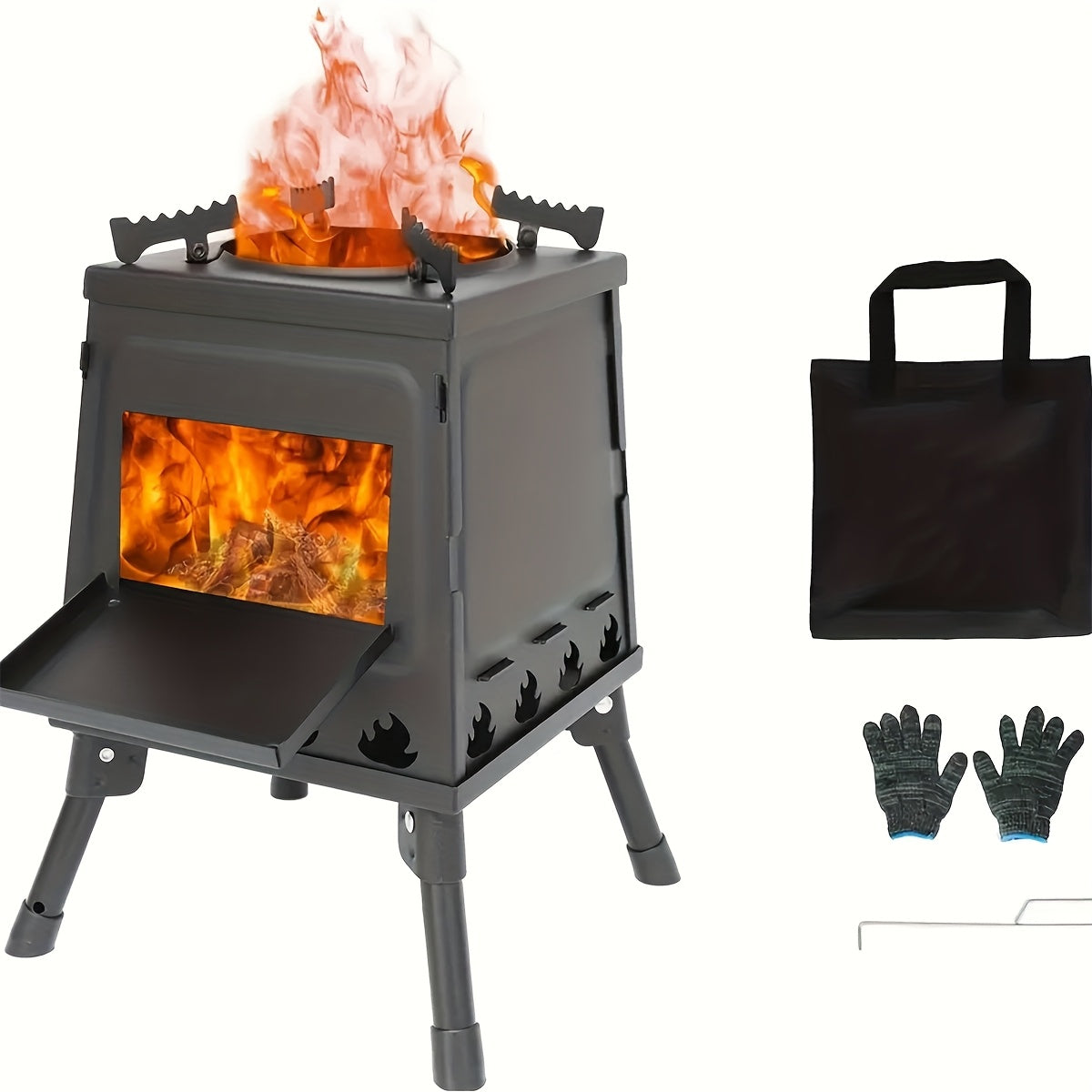 Portable Cast Iron Wood Burning Camp Stove - Heavy-Duty Outdoor Cookstove & Heater with Chimney Design, Air Vents & Sturdy Legs for Camping, Hiking, Picnic, BBQ - Firewood/Charcoal Compatible, No Electricity/Flint/Magnesium N