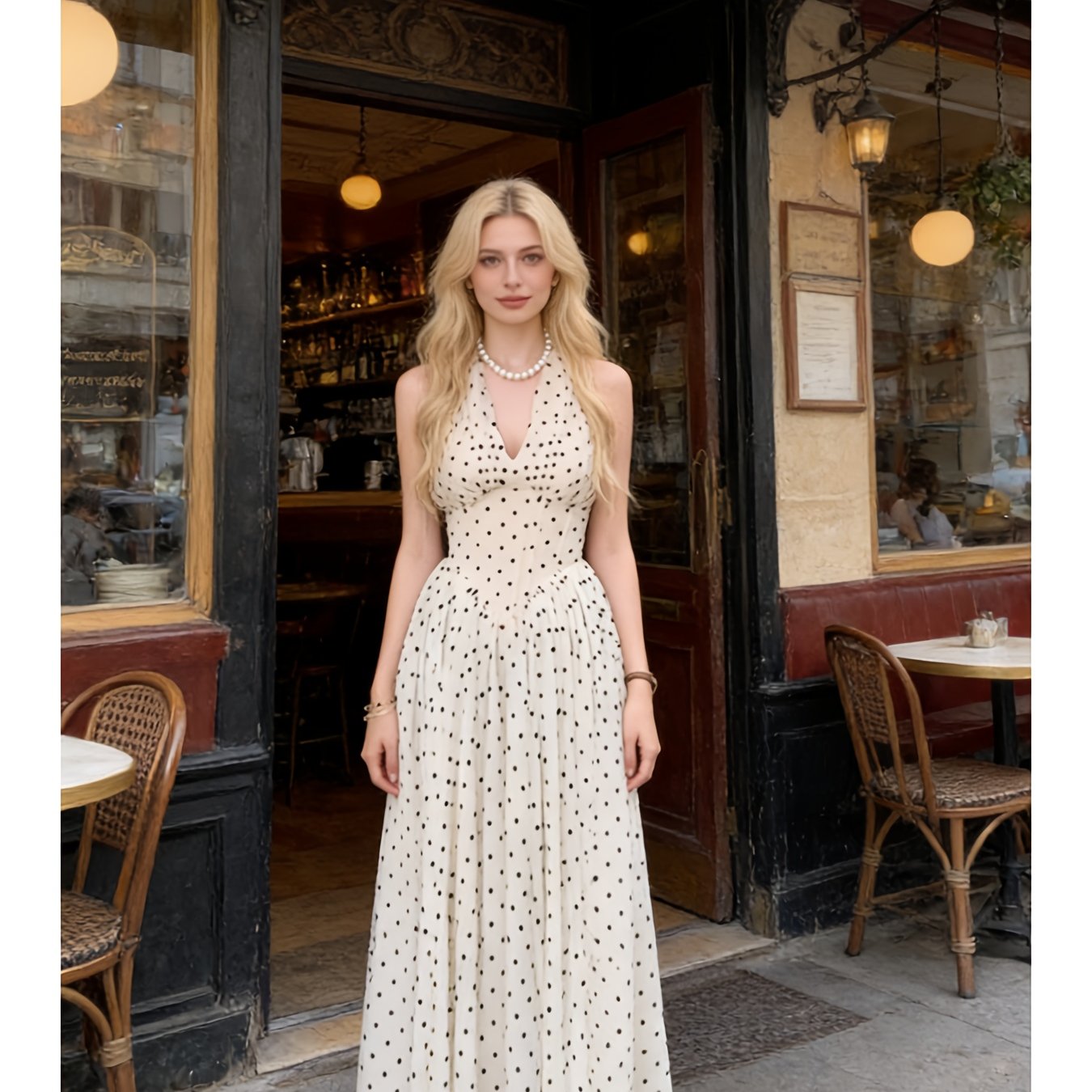 French Polka Dot V-neck Halter Dress | Pure and Seductive Waist-Controlled Big Swing Long Dress, Backless Slim-fit Fairy-like Skirt for Women, Elegant Style for Spring/Summer/Fall