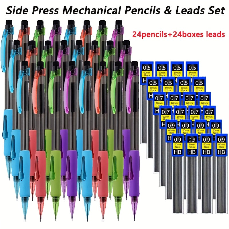 Side Press Mechanical Pencils Set with Replaceable Lead, 0.5/0.7/0.9mm Comfortable Grip Automatic Pencil Set for Office Writing Supplies Back to School Stationery(24pencils+24boxes of Lead)