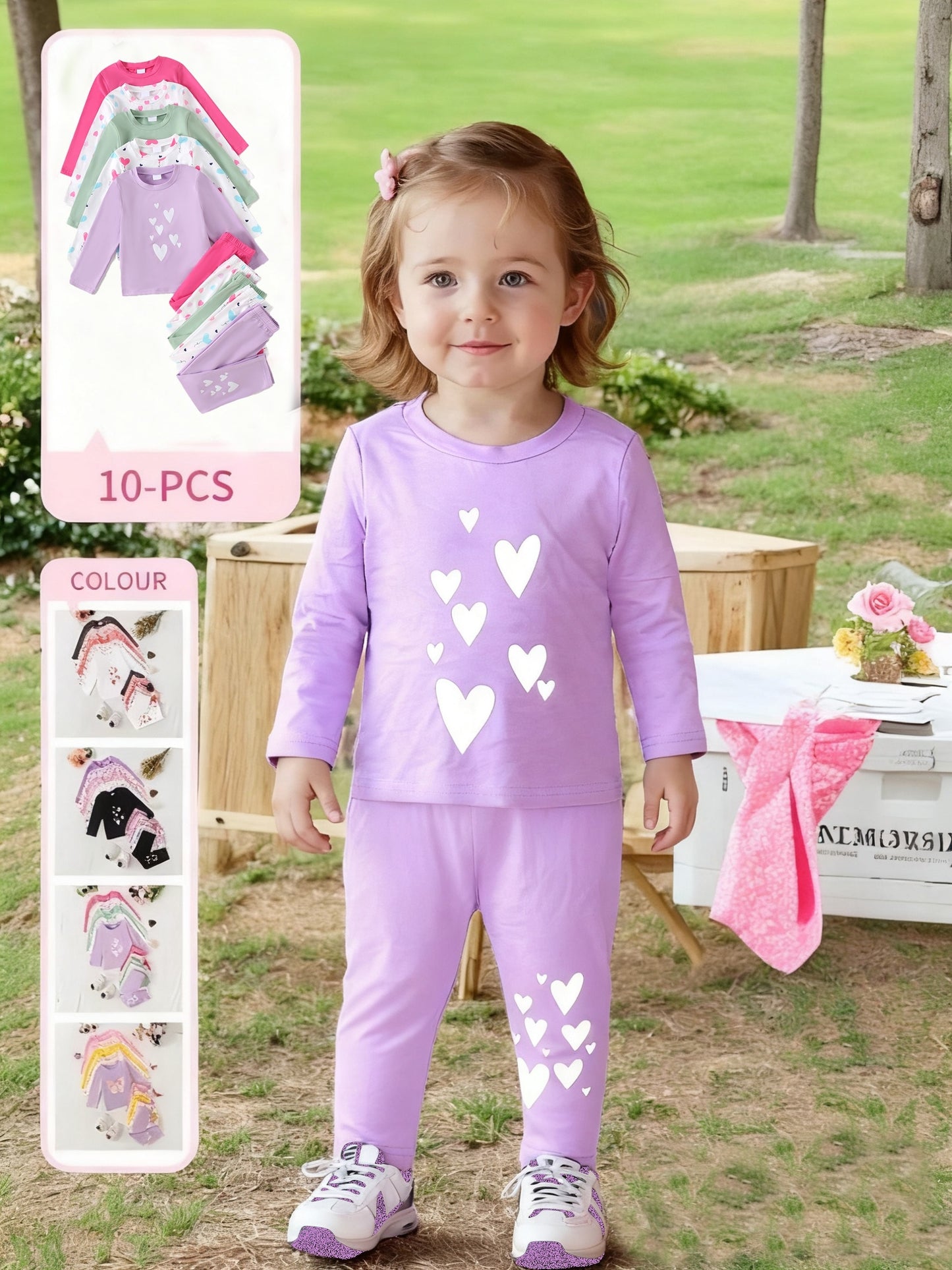 Random Set Of Ten Pieces For Baby Girls With Heart Printed Pattern And English Letter Printed Pattern. Randomly Cut T-shirts And Randomly Cut Trousers With Heart Printed Pattern And Outdoor Suit, for Outdoor