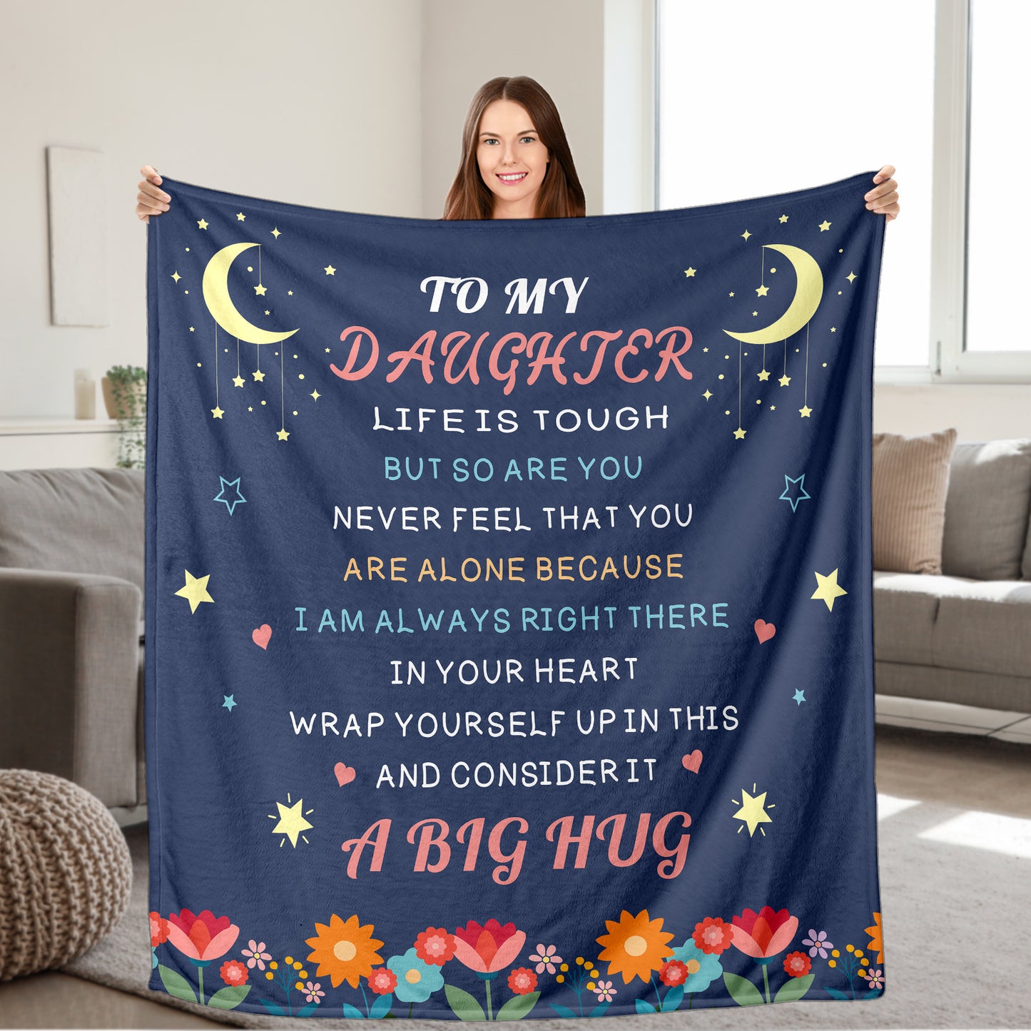 To My Daughter Blanket Moon Stars Floral Accents Soft Cozy Throw For Bed Dorm Gift For Teens Girls Graduation 280GSM