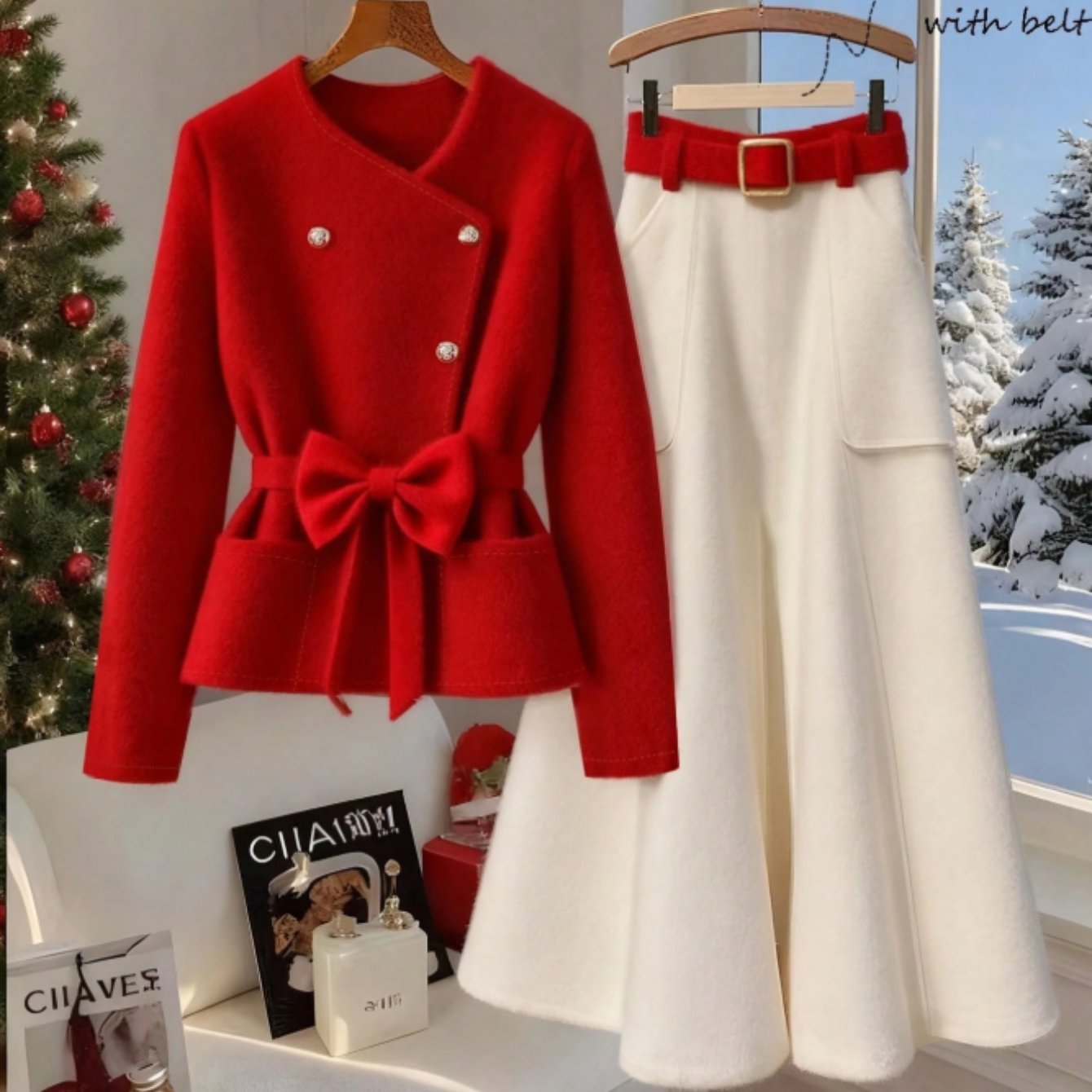 Women'S Two-piece Set (waist Cinching Jacket+wide Leg Skirt Pants, Bow And Waistband Design) | Suitable For Christmas Parties, New Year's, And Holiday Outings, Creating A Festive And Elegant Dressing Style