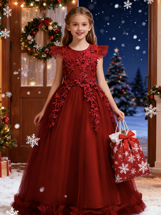 Girls Princess Style Tulle Ballgown Dress With 3D Floral Embroidered Bodice