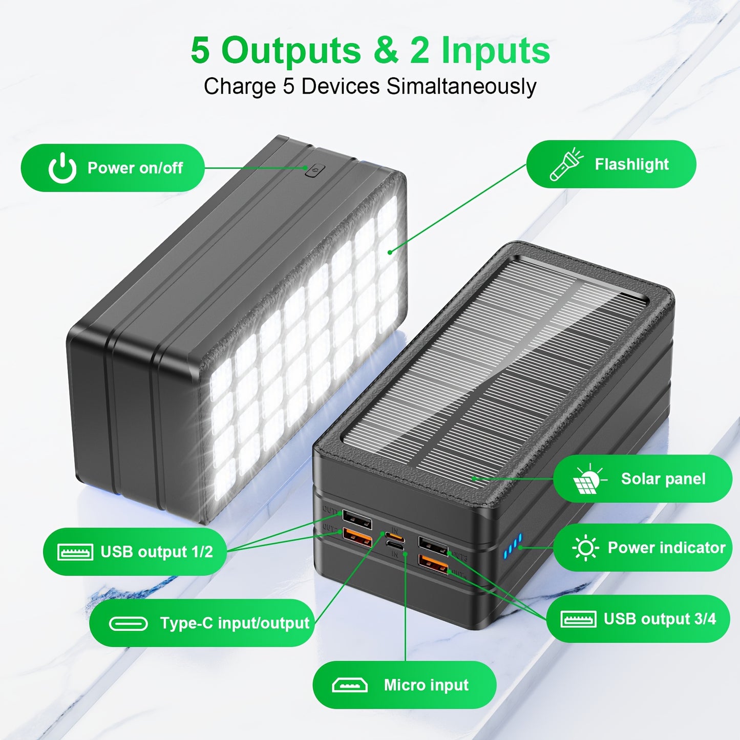 81000mAh Solar Power Bank With 32 LED Flashlight And Solar Charging 30W Fast Charger For Camping And Outdoor Survival