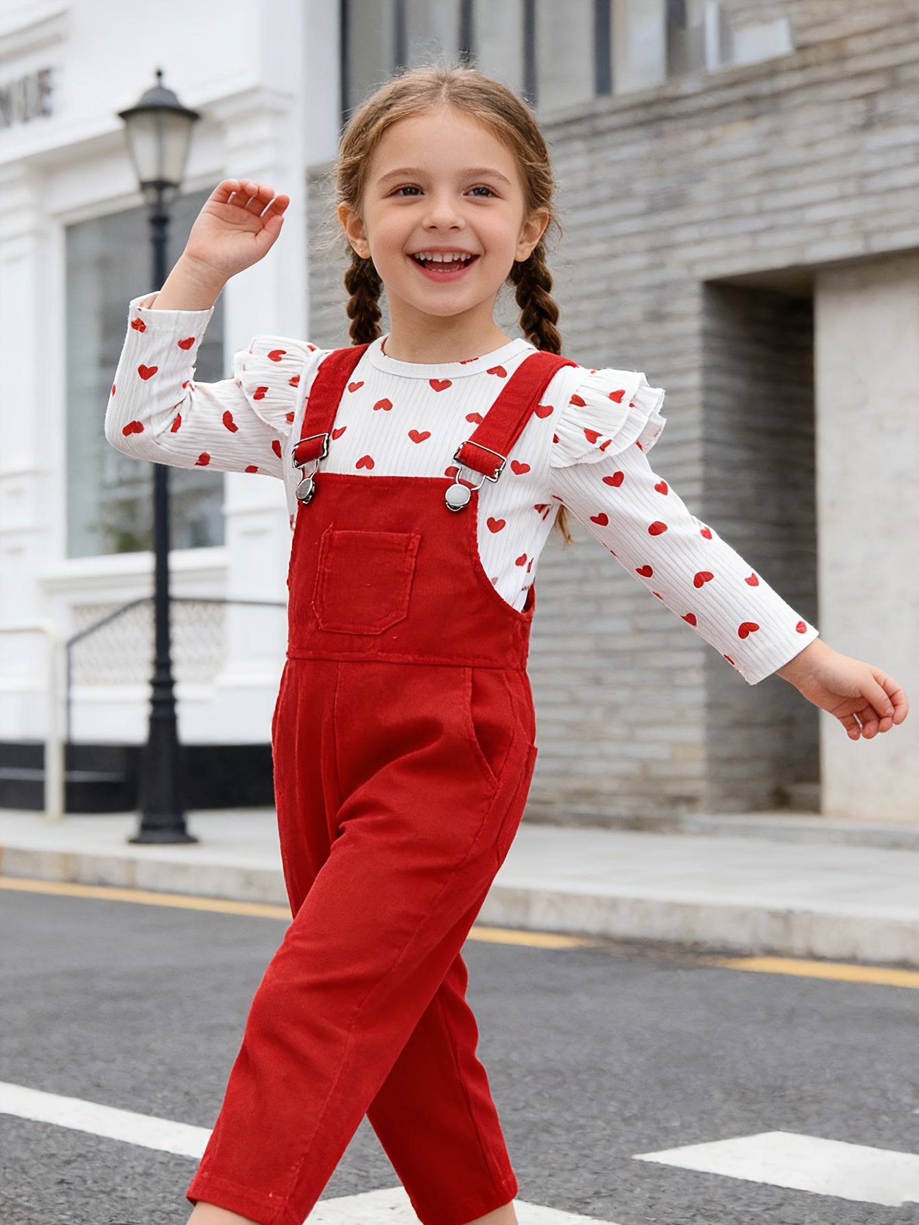 Sweet Style Heart Print Two Piece Girls Valentine Day Outfit