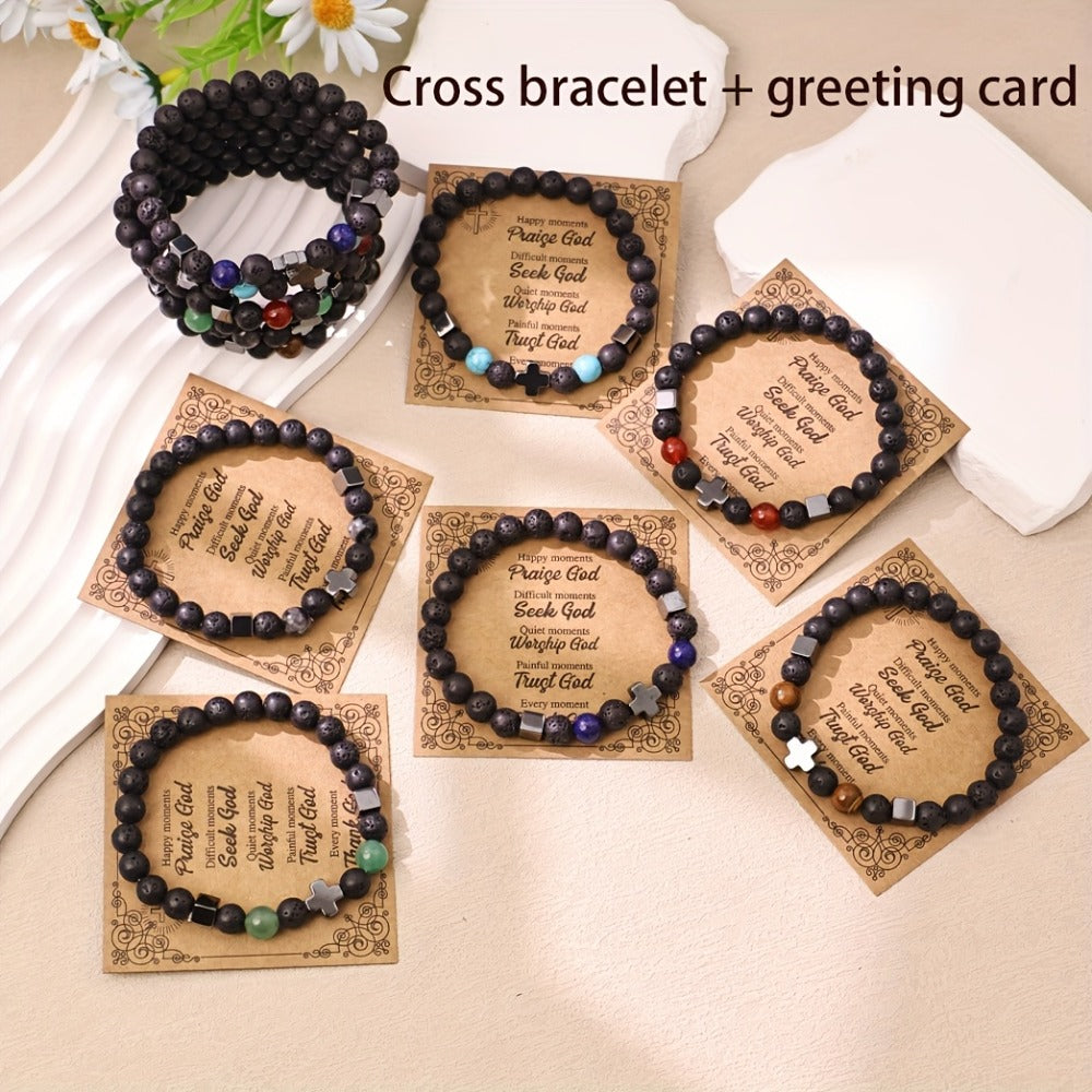 Natural Stone Beaded Christian Bracelet Set With Cross Charms
