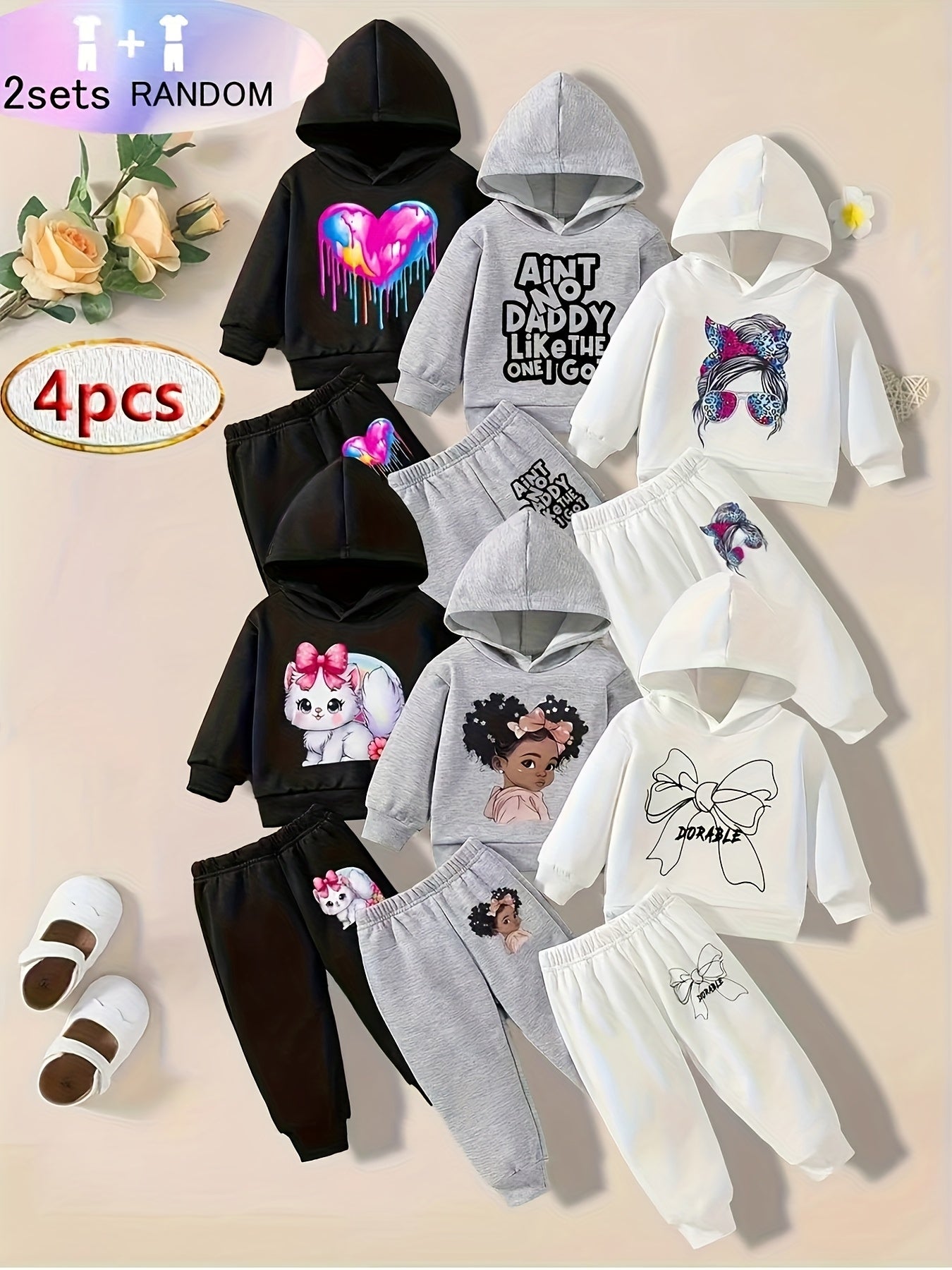 4pcs ' Winter Hooded Sweatsuit Set - Letter 'D' Outfits (Matching Hoodies & Pants), Machine-Washable Sweaters for Baby, Casual Playwear & Christmas Photoshoot Clothes, Perfect for Outdoor