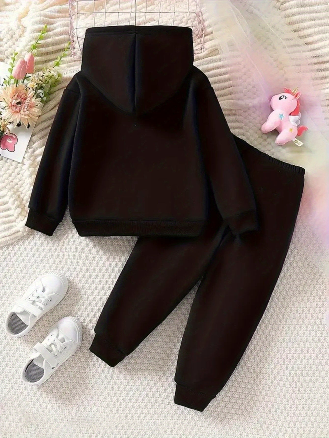 Girls Hoodie and Pants Set | Black Six 67 Seven Pink Heart Print Casual Outfit for Everyday Wear, Fall/Winter, Sweatshirt and Sweatpants, Long Sleeve, Medium Stretch Fabric, for Outdoor