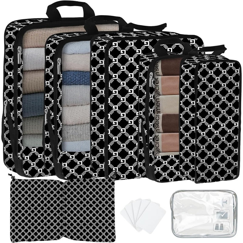 7 Pack Compression Packing Cubes for Travel Waterproof Luggage Organizer Toiletry Bag Plaid Design for Women and Men