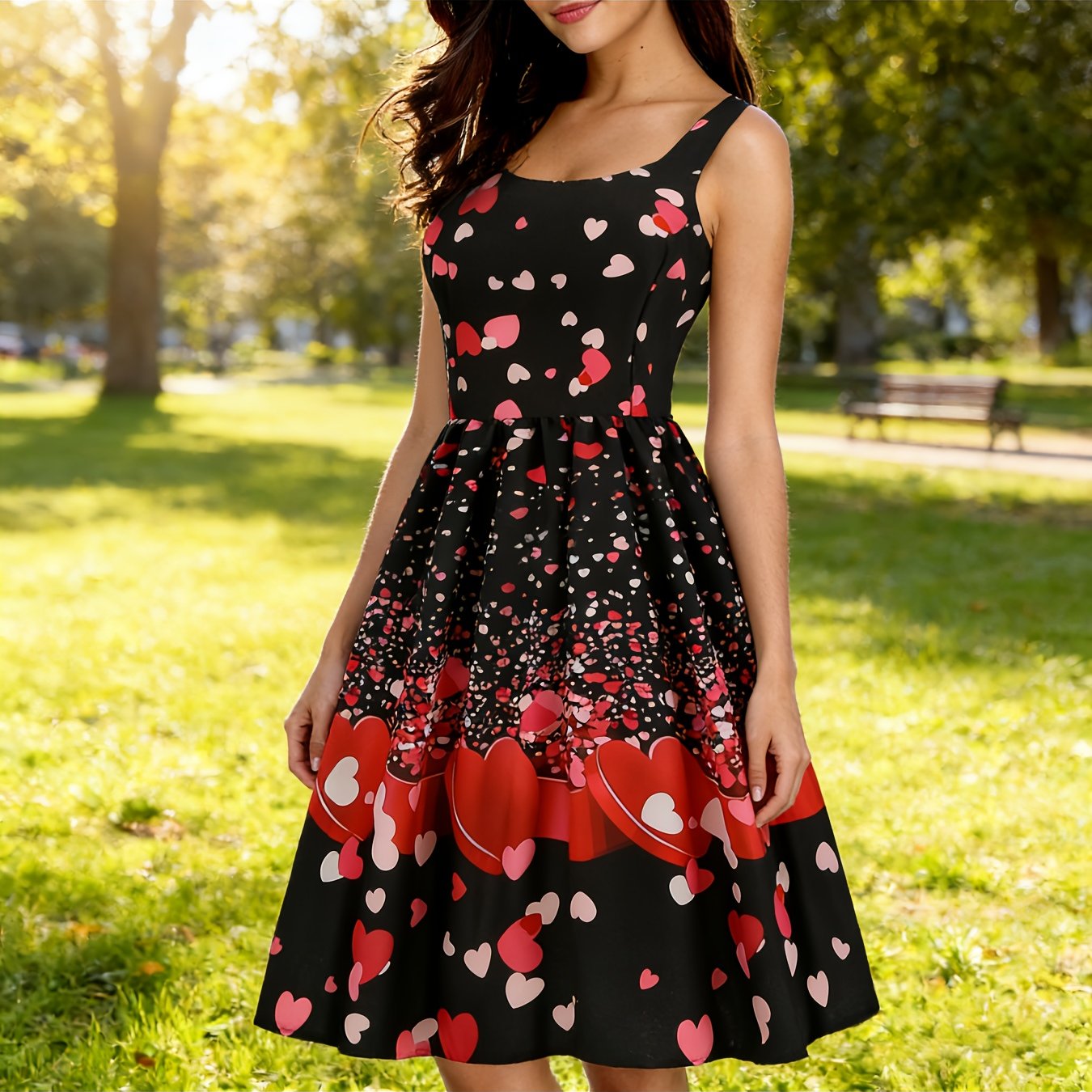 Retro Sweet Style Heart Print Midi Dress | Sleeveless, Ruched Waist, Off the Shoulder, Zipper Detail, Perfect for Spring/Summer/Fall Dates & Outings